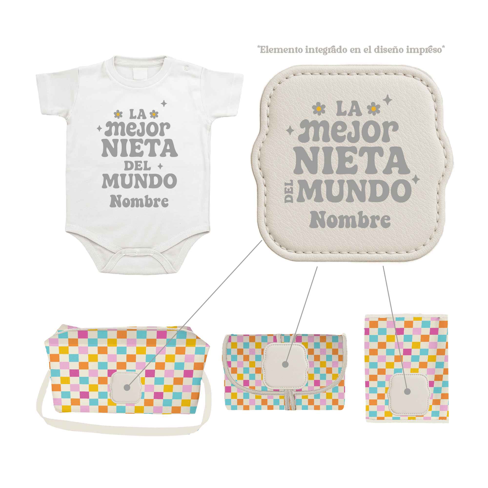 Pack Bebé Cuadritos Baby con sello “Soy la mejor nieta del mundo”. Incluye bolso, portapañales, cambiador y body personalizado.