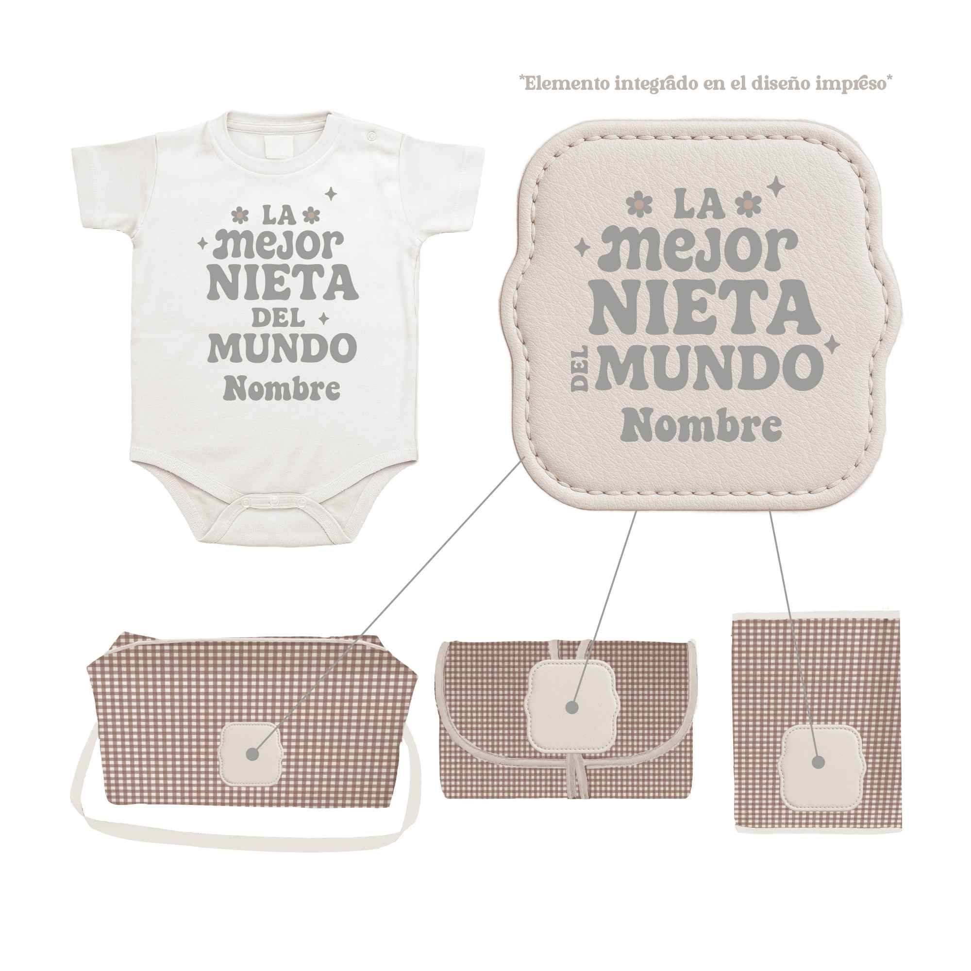 Pack Bebé Vichy Choco con sello “Soy la mejor nieta del mundo”. Incluye bolso, portapañales, cambiador y body personalizado.