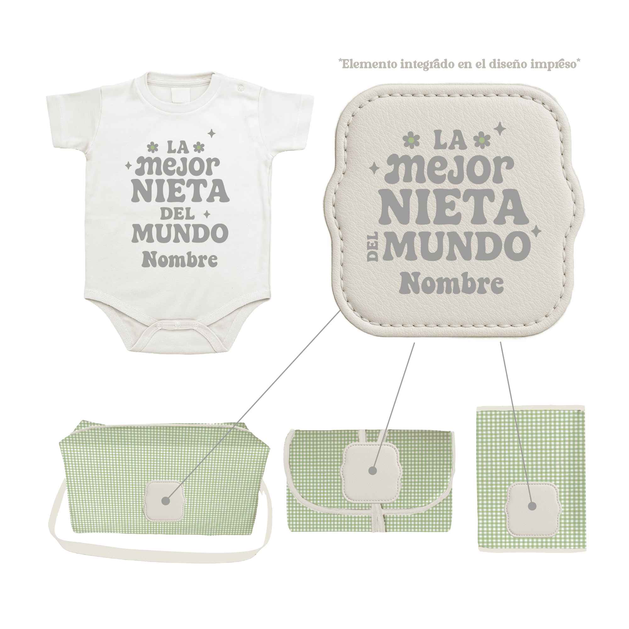 Pack Bebé Vichy Menta con sello “Soy la mejor nieta del mundo”. Incluye bolso, portapañales, cambiador y body personalizado.
