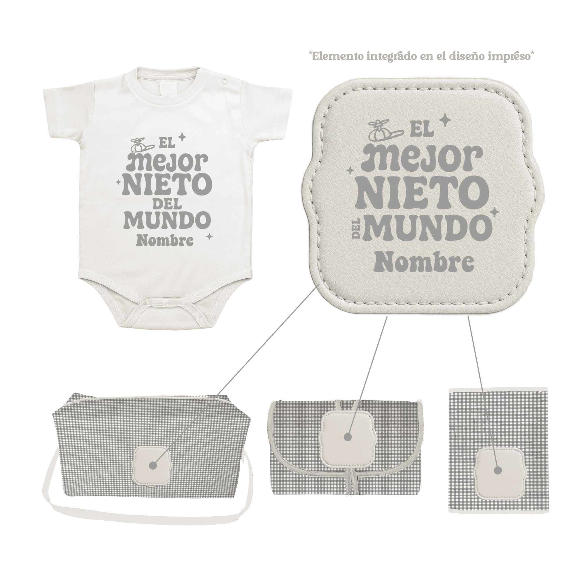 Pack Bebé Vichy Gris con sello “Soy el mejor nieto del mundo”. Pack completo personalizado ideal para recién nacidos.