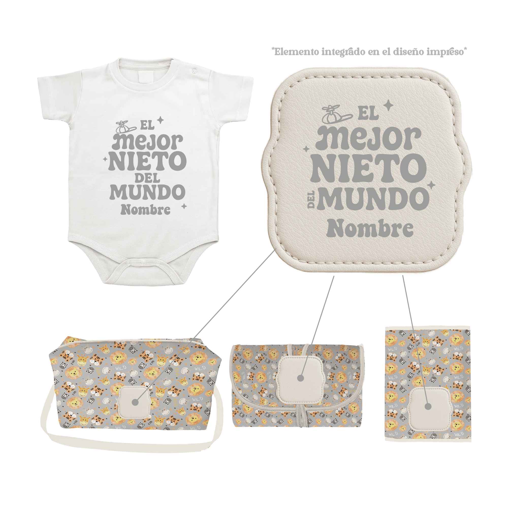 Pack Bebé Animales con sello “Soy el mejor nieto del mundo”. Pack completo personalizado ideal para regalar a recién nacidos.