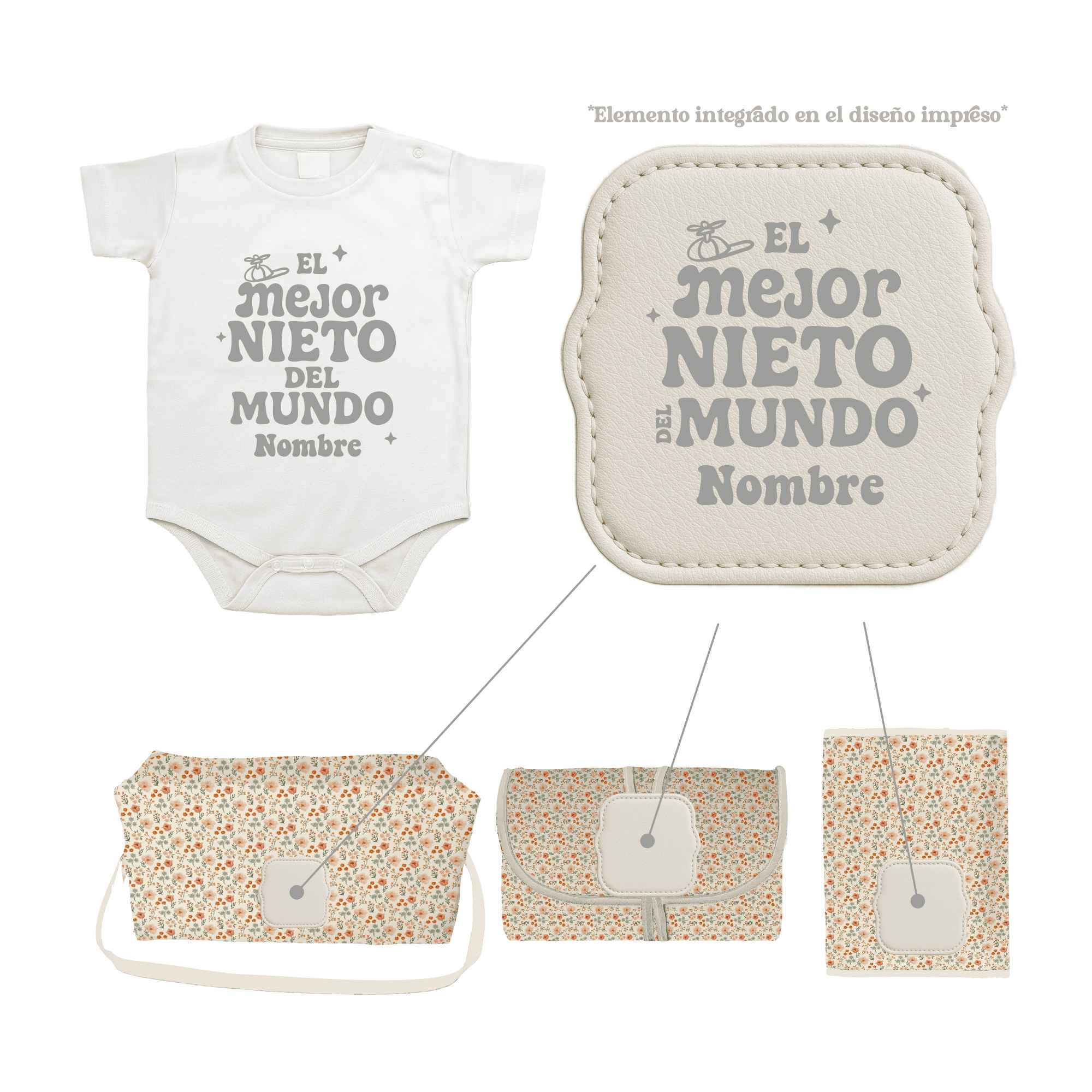Pack Bebé Florecitas Vintage con sello “Soy el mejor nieto del mundo”. Regalo perfecto para recién nacidos.