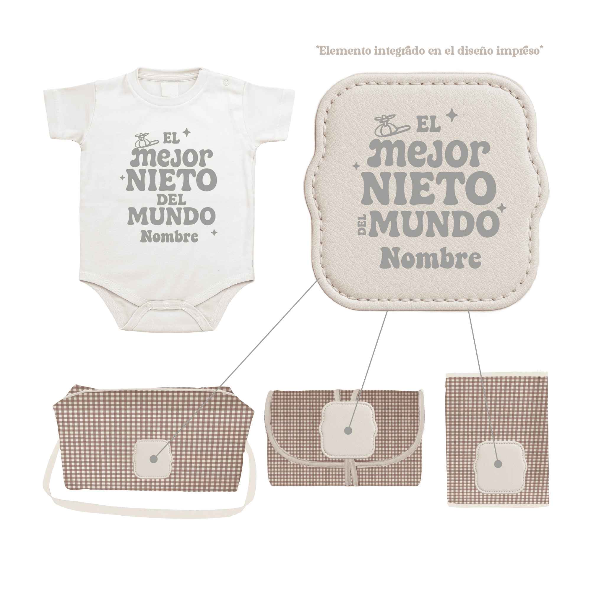 Pack Bebé Vichy Choco con sello “Soy el mejor nieto del mundo”. Pack completo personalizado ideal para recién nacidos.