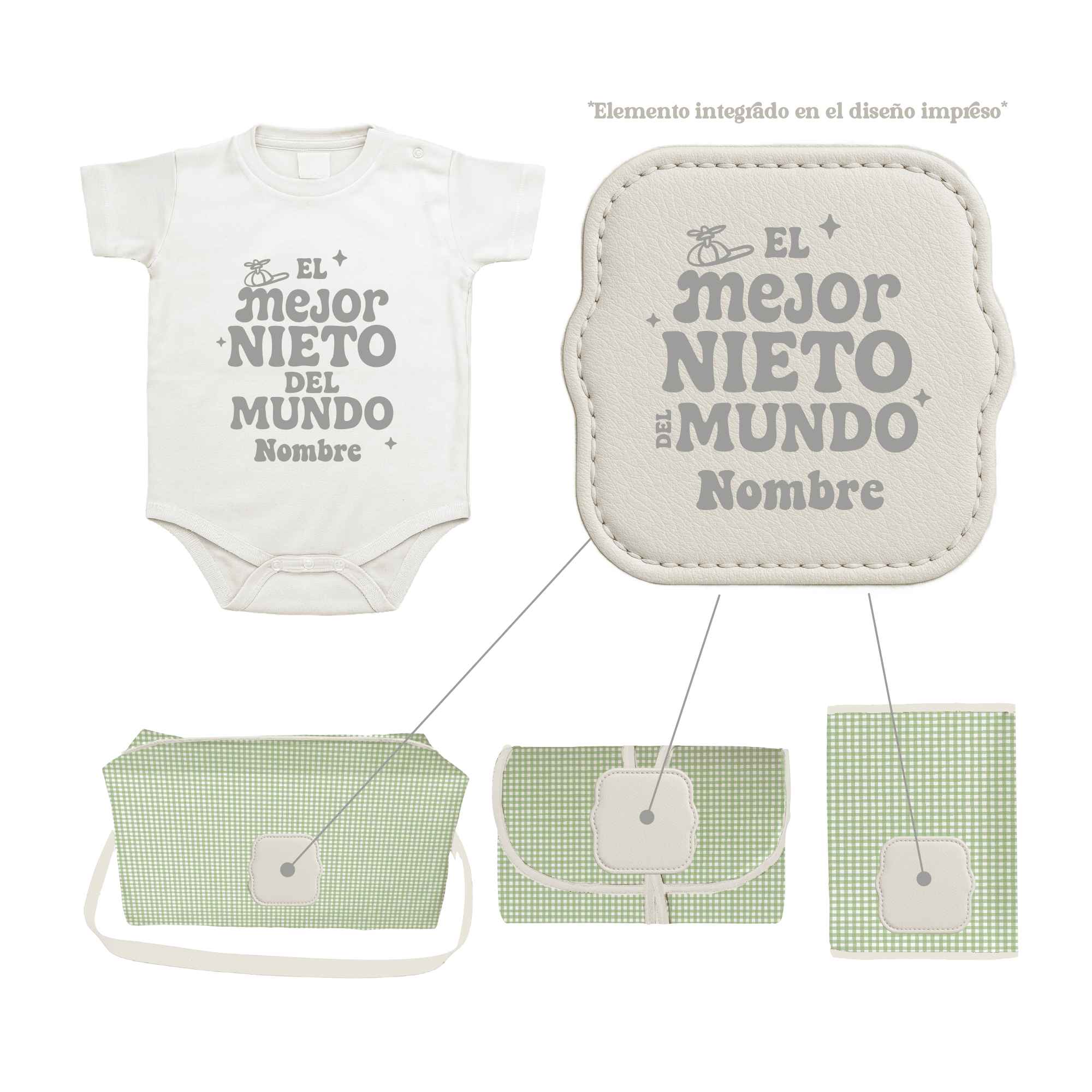 Pack Bebé Vichy Menta con sello “Soy el mejor nieto del mundo”. Pack completo personalizado ideal para recién nacidos.