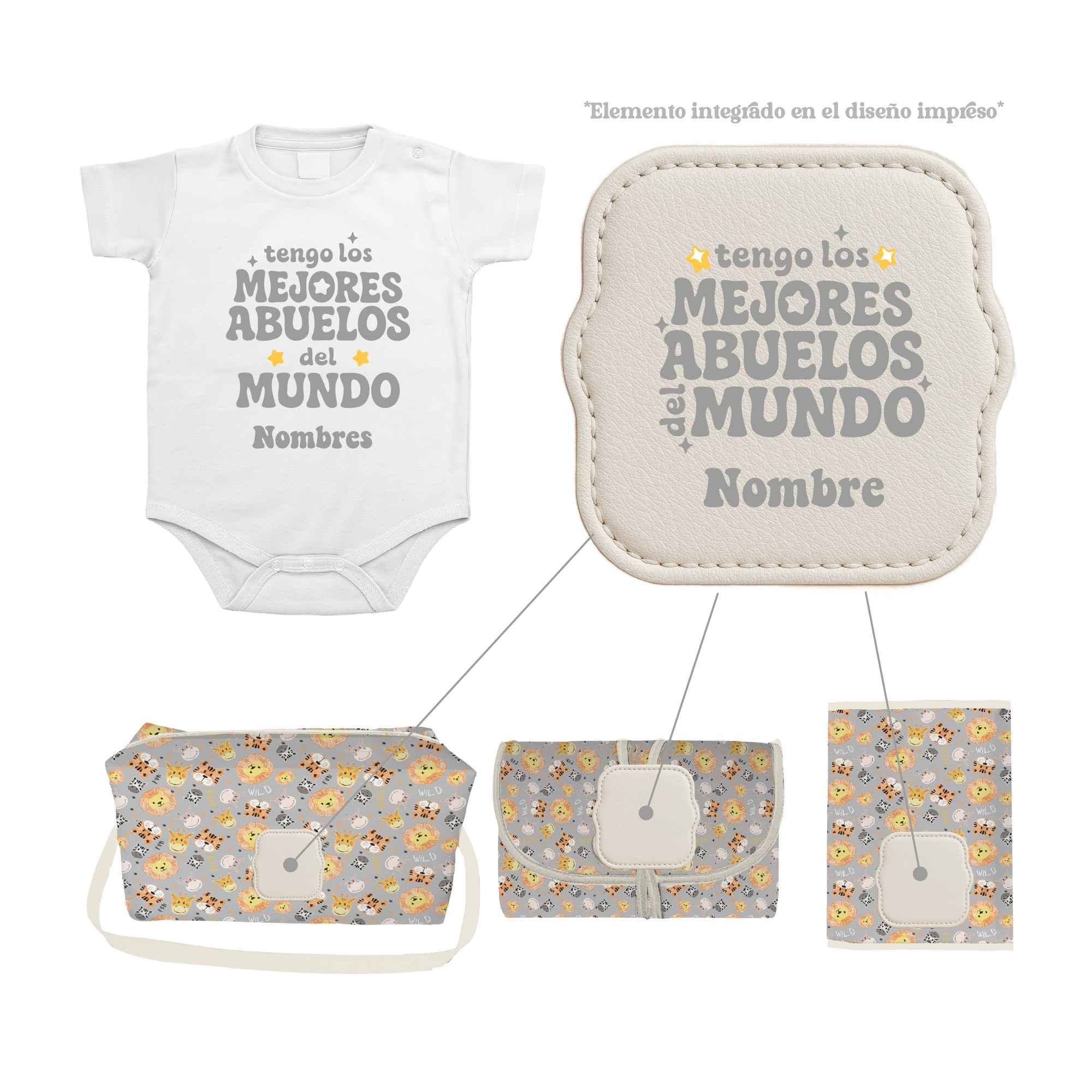 Pack Bebé Animales con sello “Tengo los mejores abuelos del mundo”. Incluye cuatro productos personalizados fabricados en España.