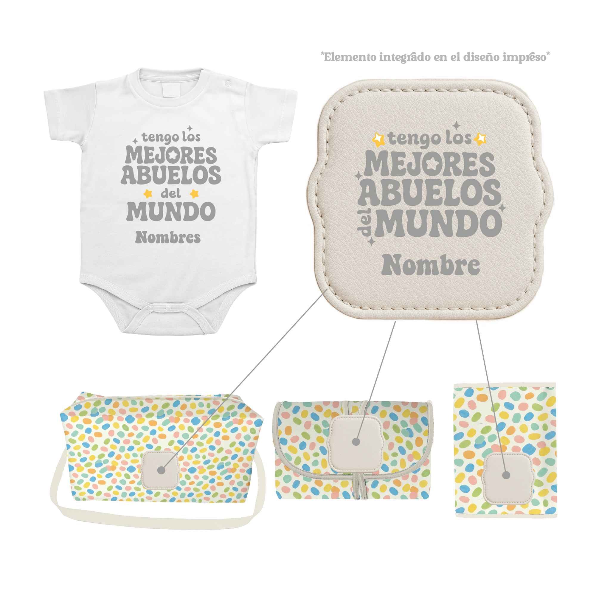 Pack Bebé Baby Confetti con sello “Tengo los mejores abuelos del mundo” personalizado con nombre. El mejor regalo para los abuelos y agradecerles como cuidan a los nietos.