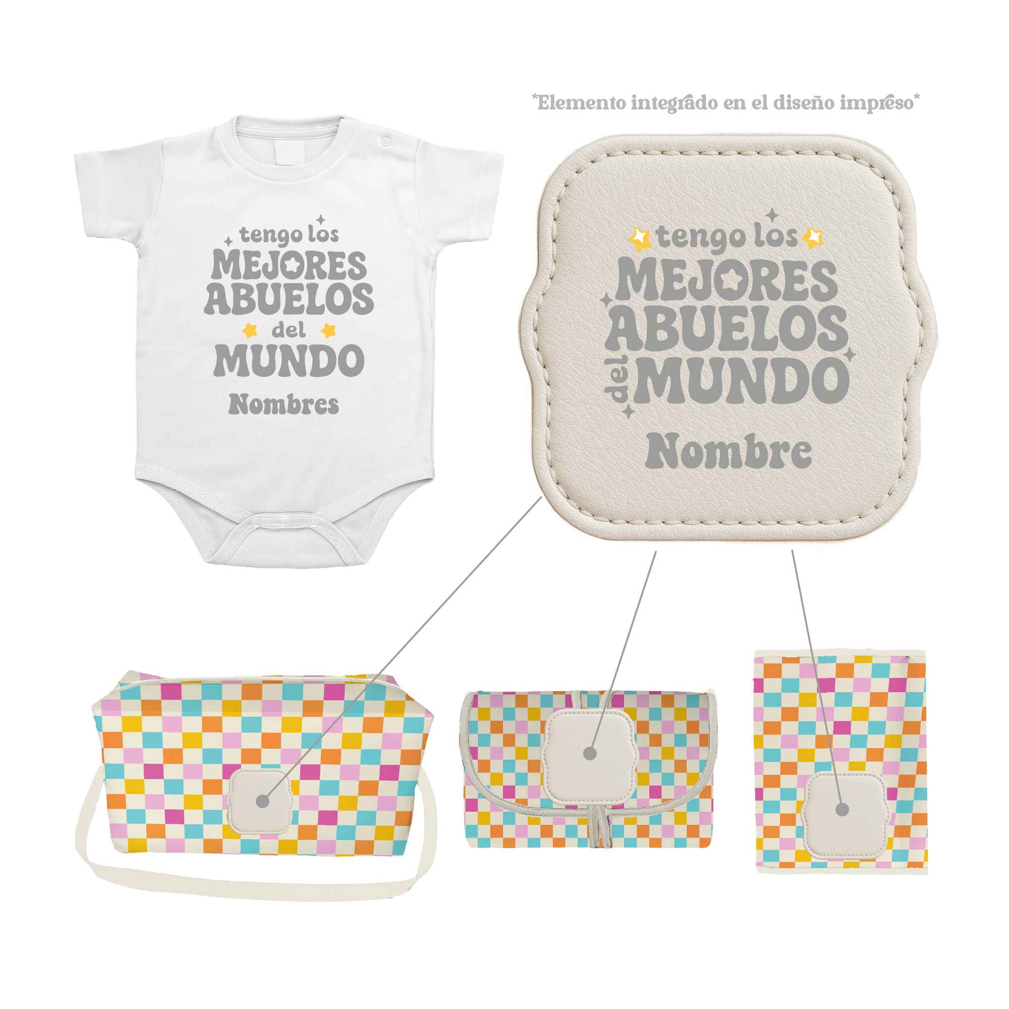 Pack Bebé Cuadritos Baby con sello “Tengo los mejores abuelos del mundo”. Incluye cuatro productos personalizados fabricados en España.