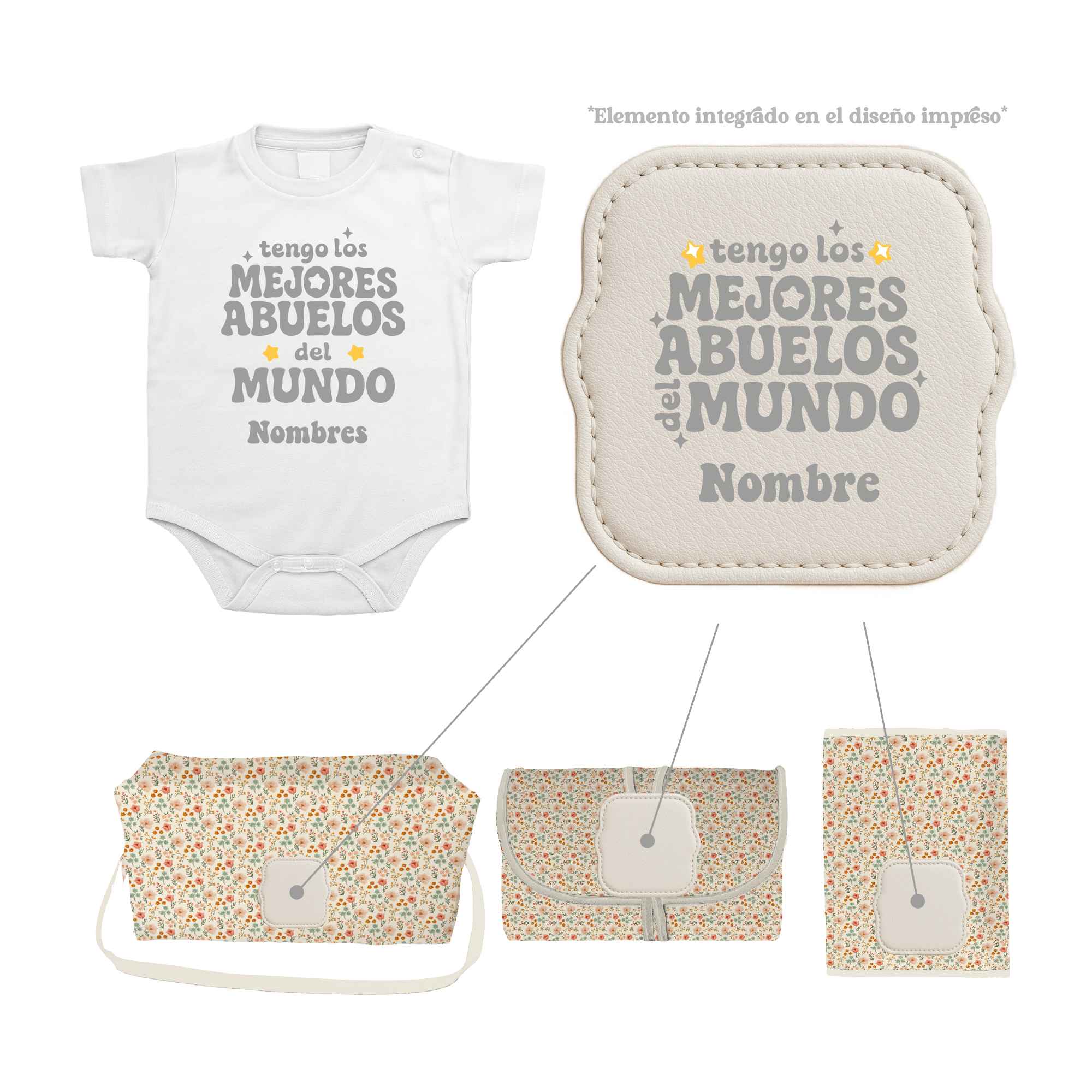 Pack Bebé Florecitas Vintage con sello “Tengo los mejores abuelos del mundo”. Pack completo con artículos fabricados en España.