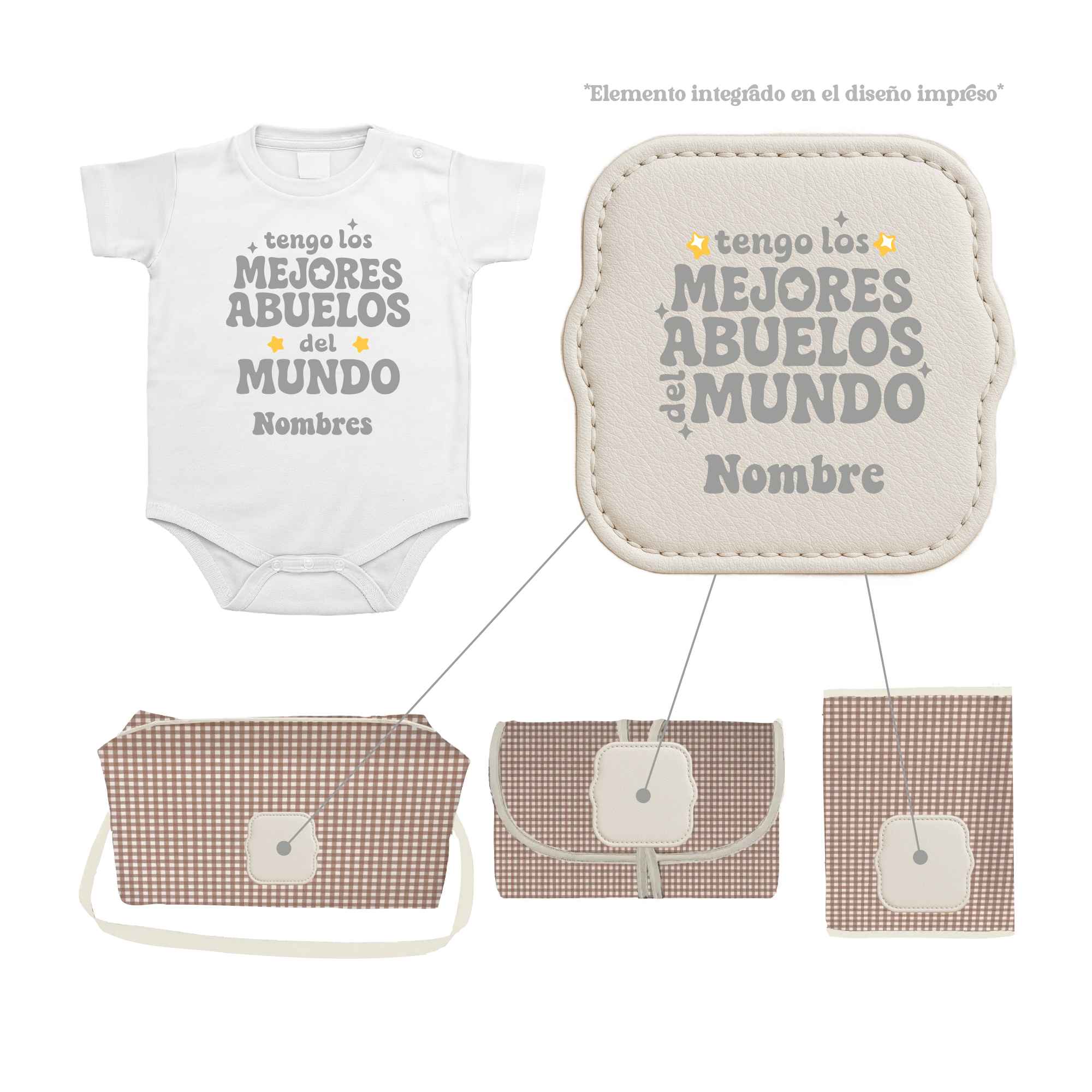 Pack Bebé Vichy Choco con sello “Tengo los mejores abuelos del mundo”. Incluye cuatro productos personalizados fabricados en España.