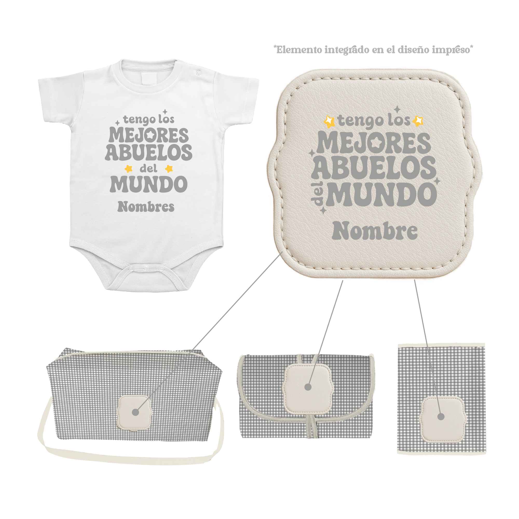 Pack Bebé Vichy Gris con sello “Tengo los mejores abuelos del mundo” personalizado con nombre. Incluye cuatro productos personalizados, fabricados en España (excepto el body).