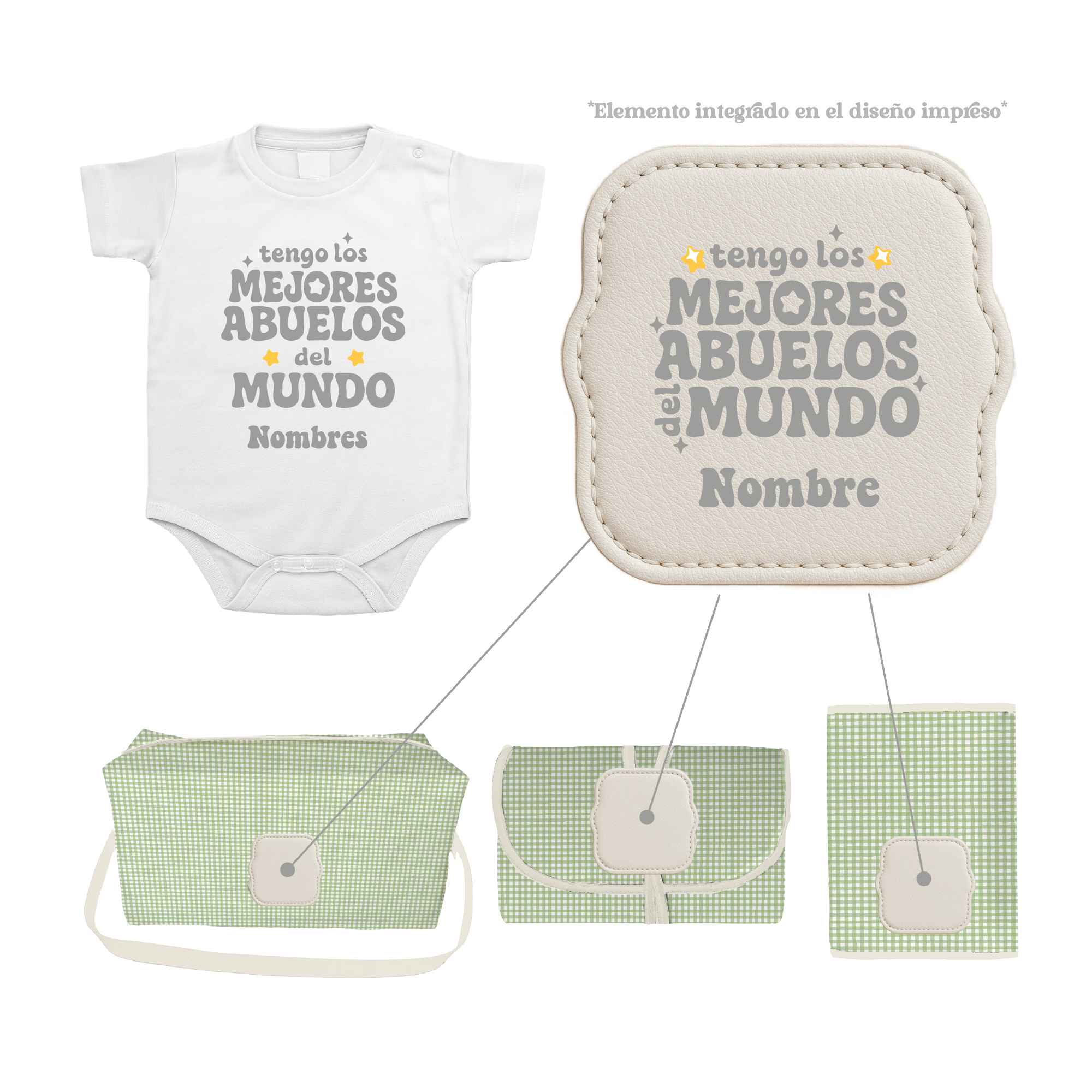 Pack Bebé Vichy Menta con sello “Tengo los mejores abuelos del mundo”. Incluye cuatro productos personalizados. Perfecto para regalar.