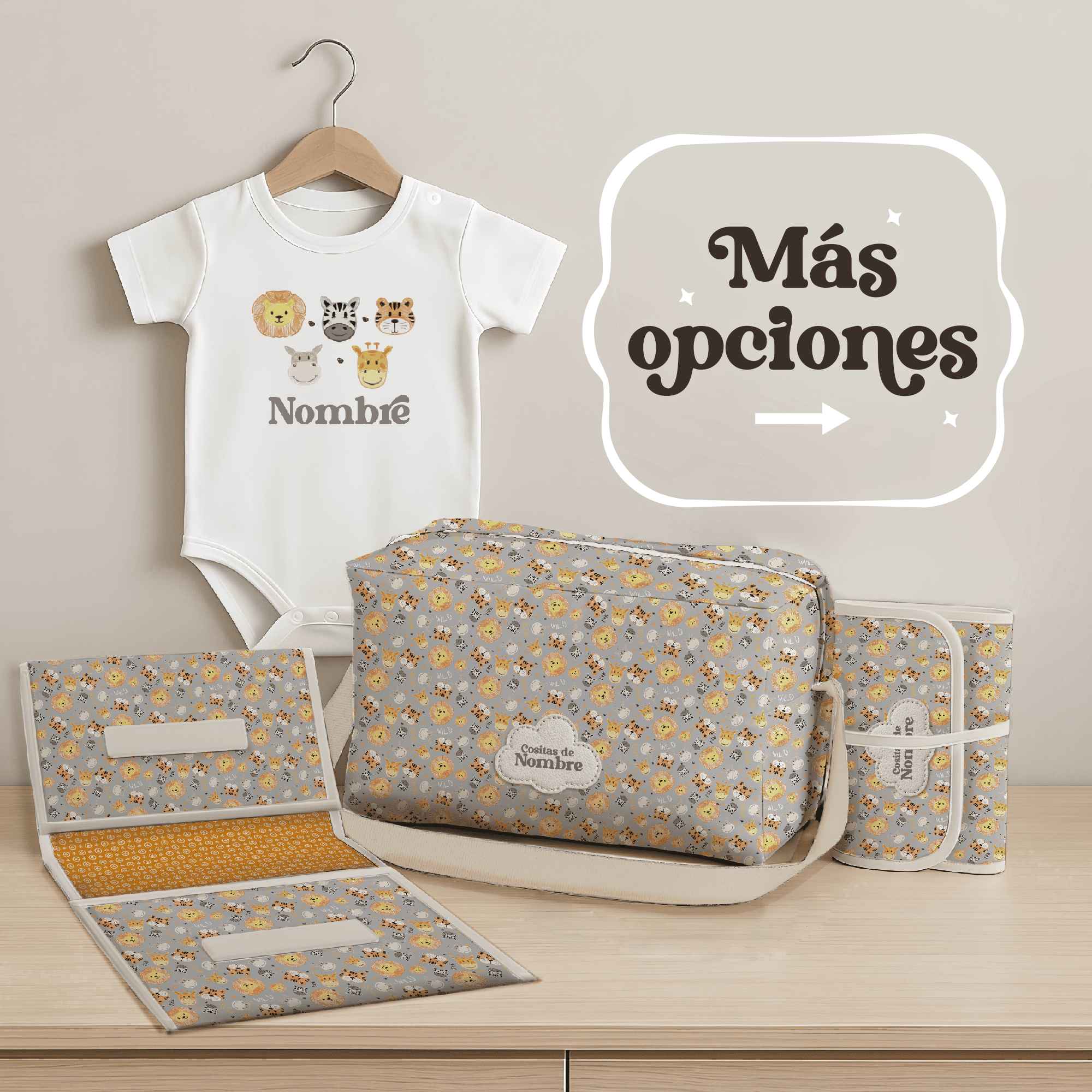 Pack Bebé Animales con bolso, portapañales y cambiador fabricados en España, más body personalizado con sello. Regalo perfecto para recién nacidos. mas opciones de personalización
