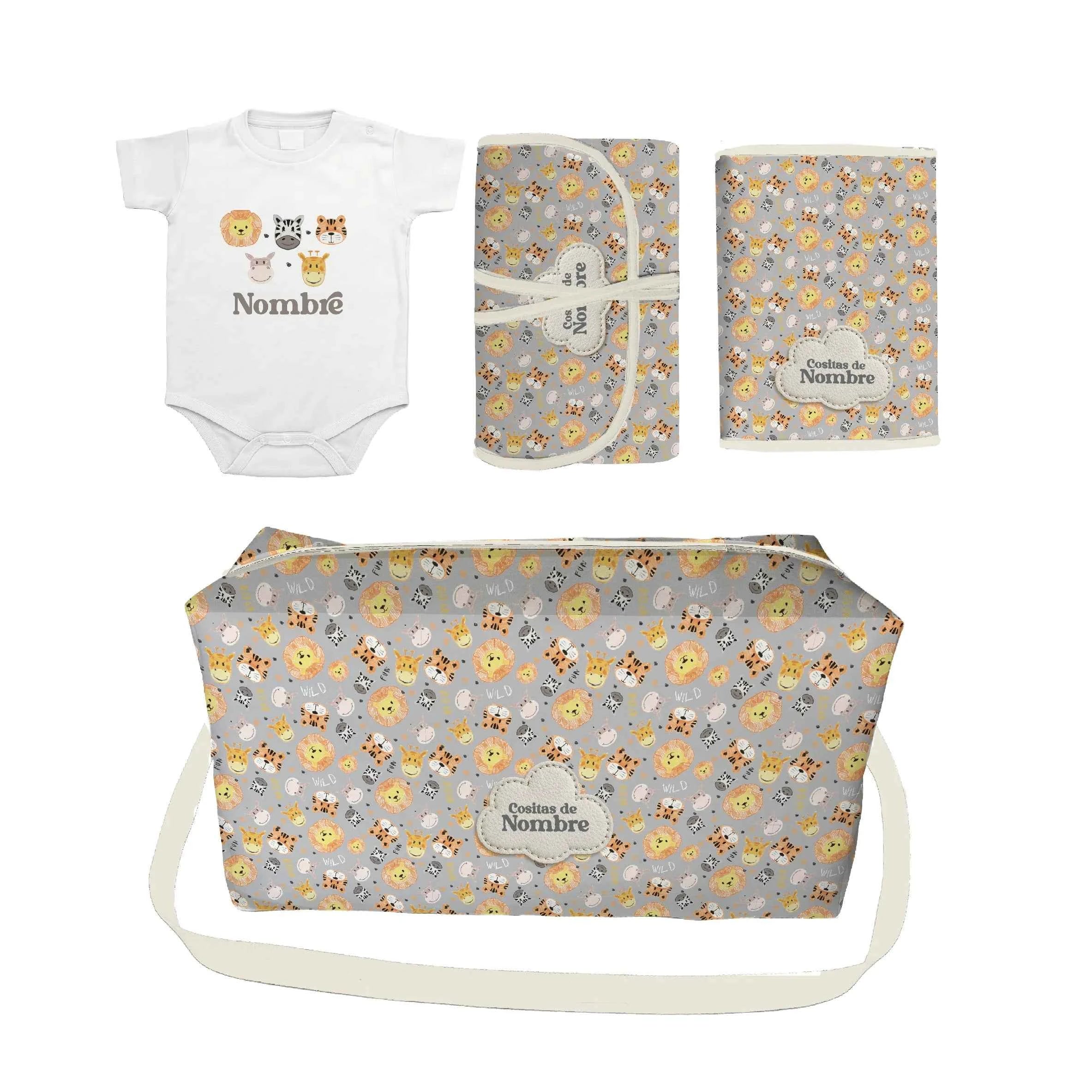Pack Bebé Animales con bolso, portapañales y cambiador fabricados en España, más body personalizado con sello. Regalo perfecto para recién nacidos.