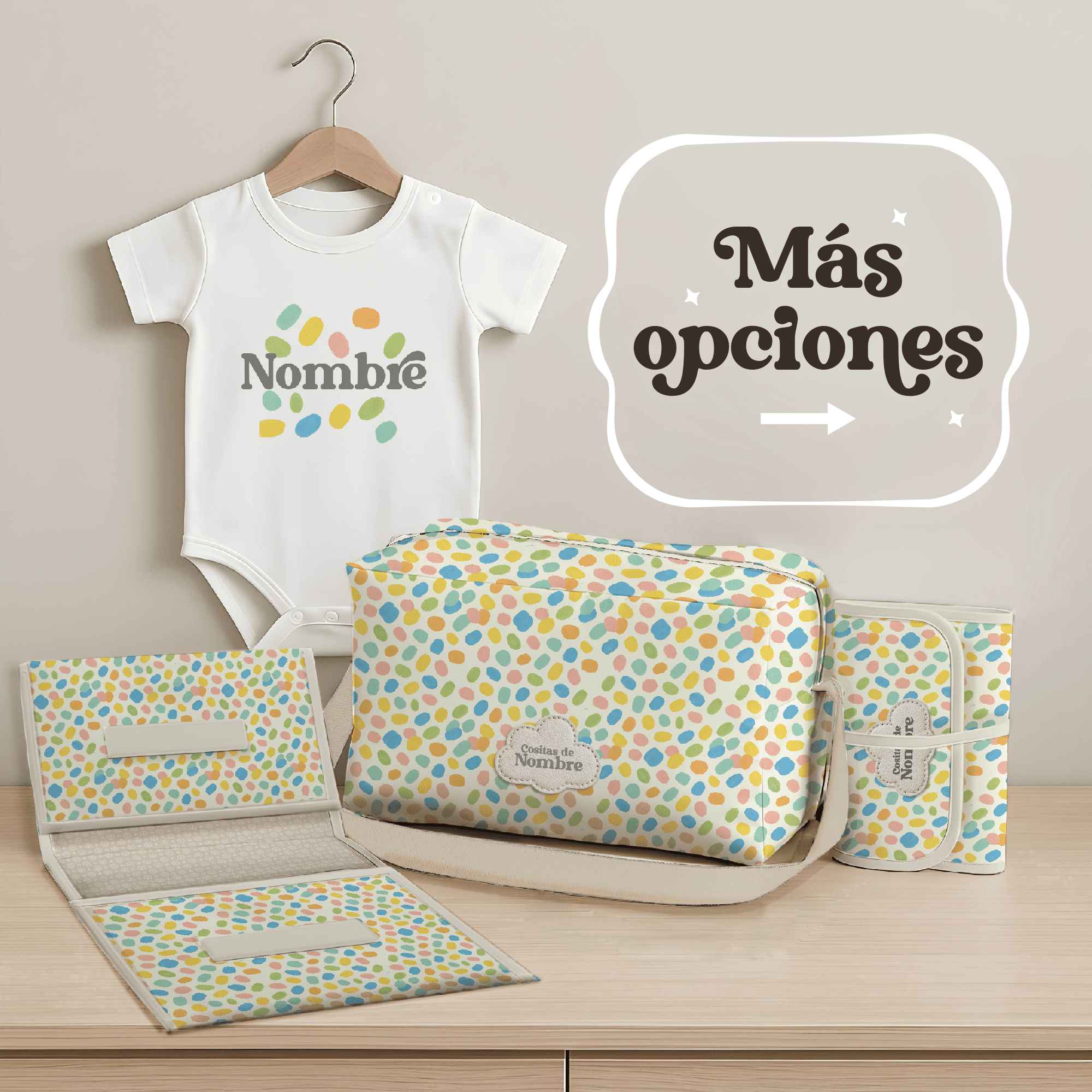 Pack bebé personalizado con estampado Confetti de lunares colores con body, bolso, cambiador y porta pañales listo para usar.