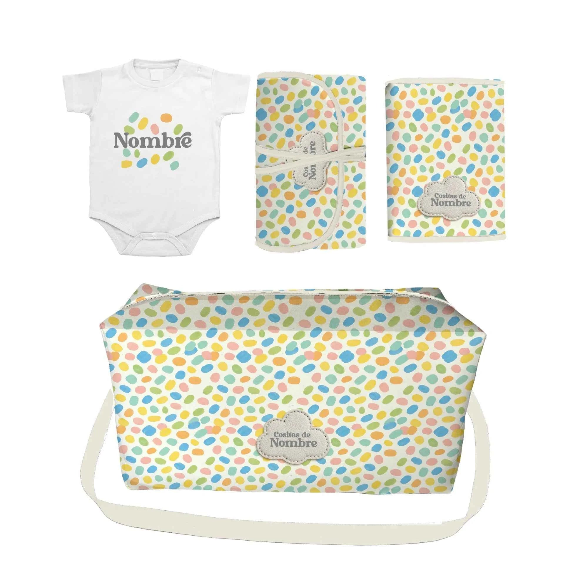 Pack Bebé Baby Confetti con bolso, portapañales y cambiador fabricados en España, más body personalizado con sello. Ideal como regalo para recién nacidos y para tener un kit listo en coche o casa de los abuelos.