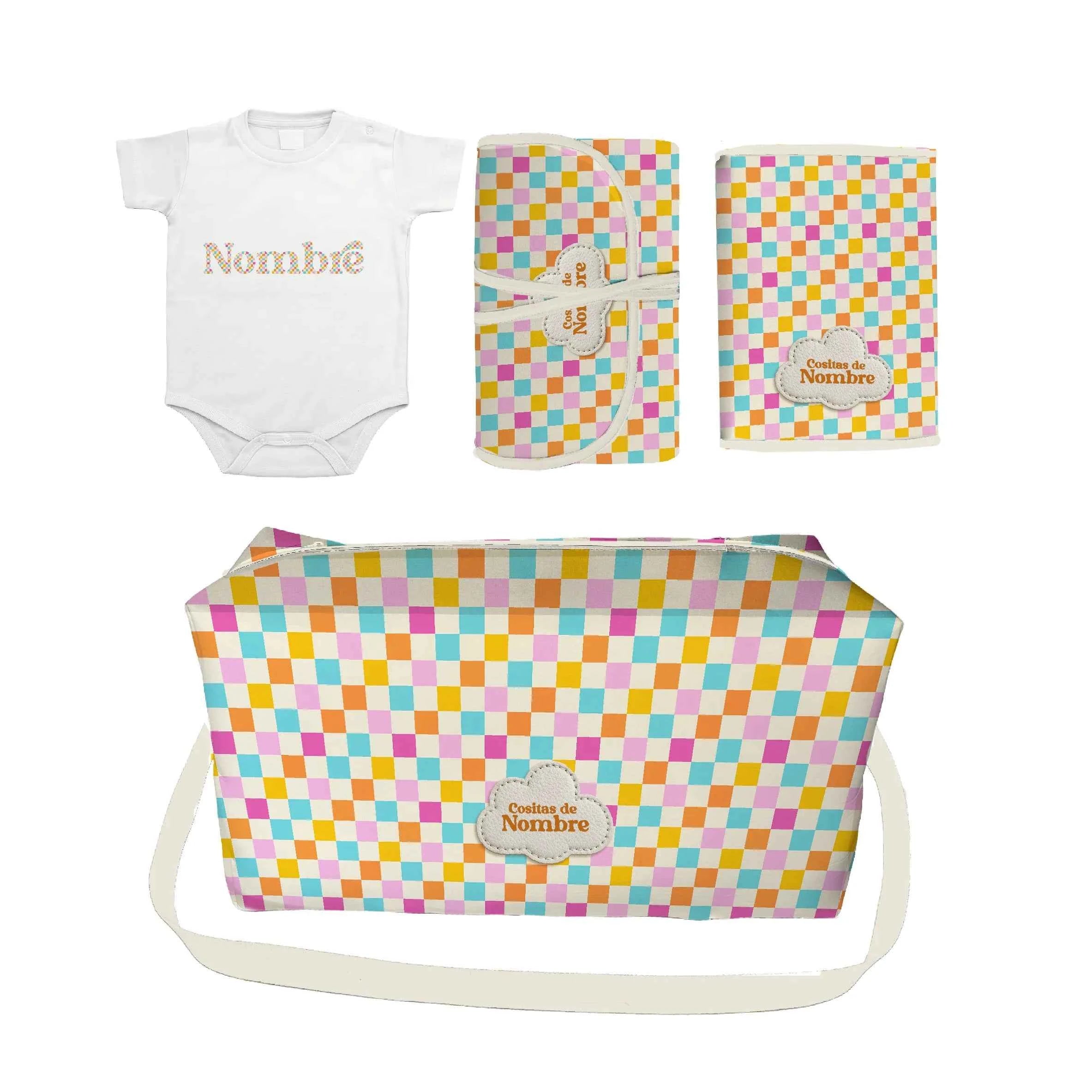Pack Bebé Cuadritos Baby con bolso, portapañales y cambiador fabricados en España, más body personalizado. Regalo ideal para recién nacidos.