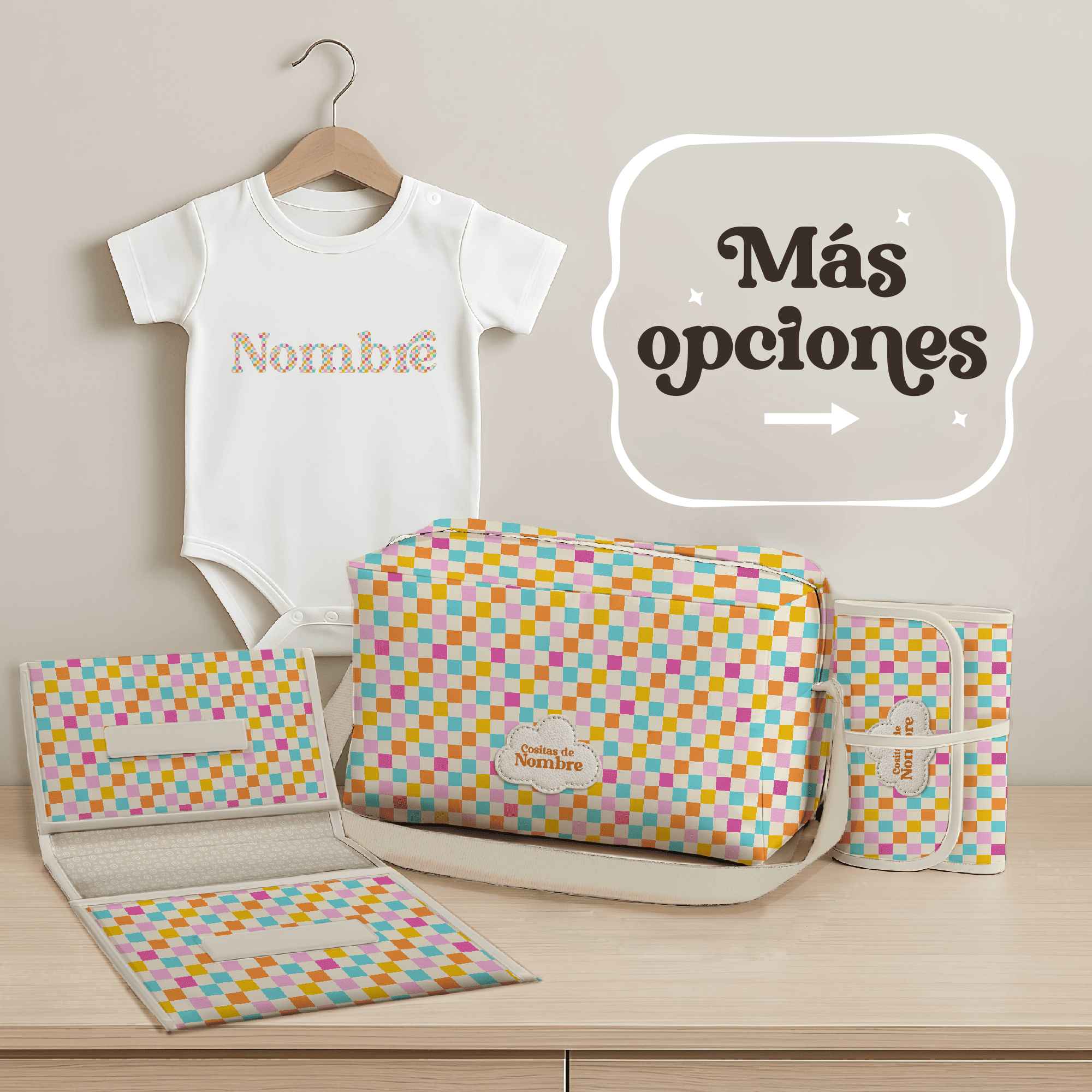 Pack Bebé Cuadritos Baby con bolso, portapañales y cambiador fabricados en España, más body personalizado. Regalo ideal para recién nacidos.