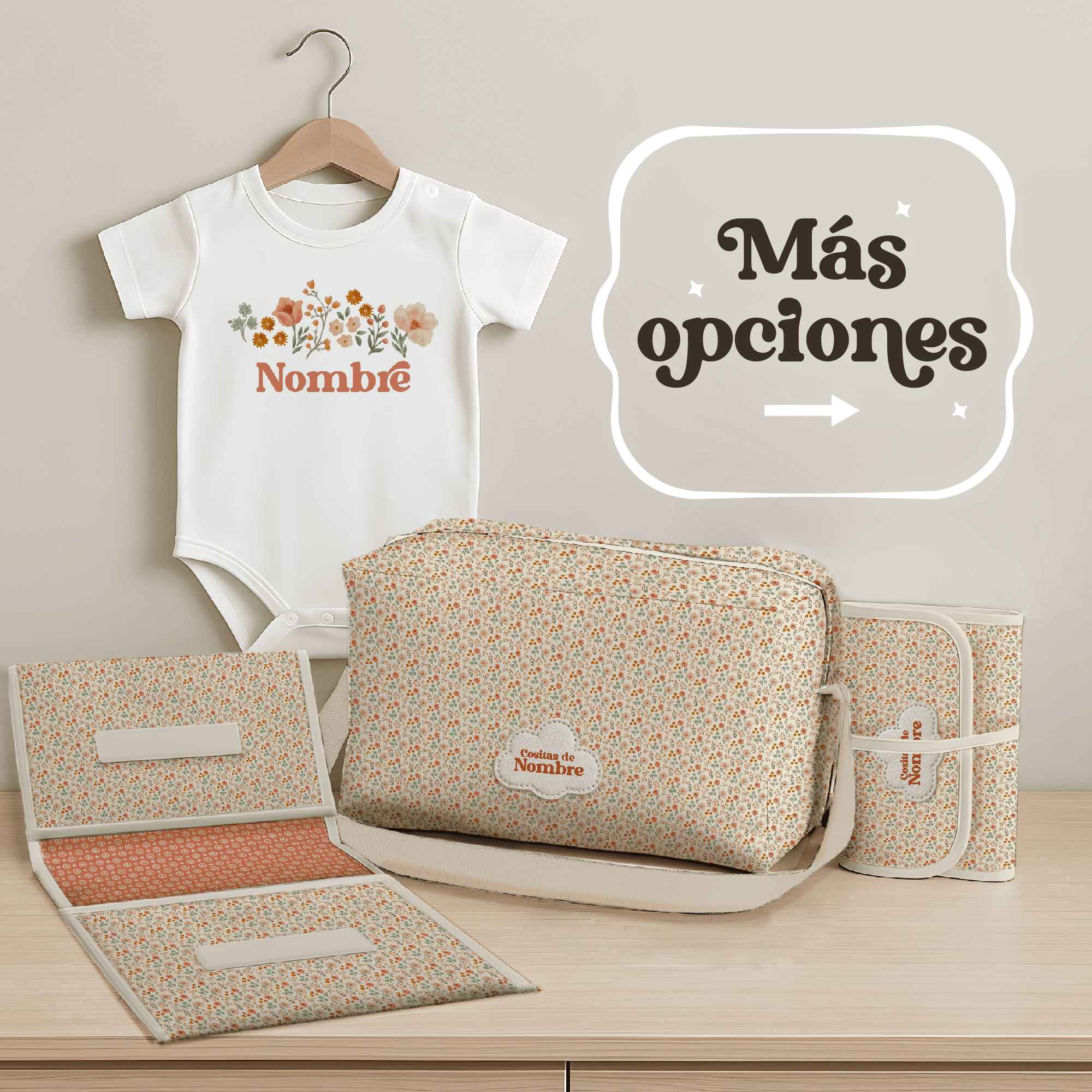 Pack Bebé Florecitas Vintage con bolso, portapañales y cambiador fabricados en España, más body personalizado. Regalo delicado y elegante para recién nacidos.