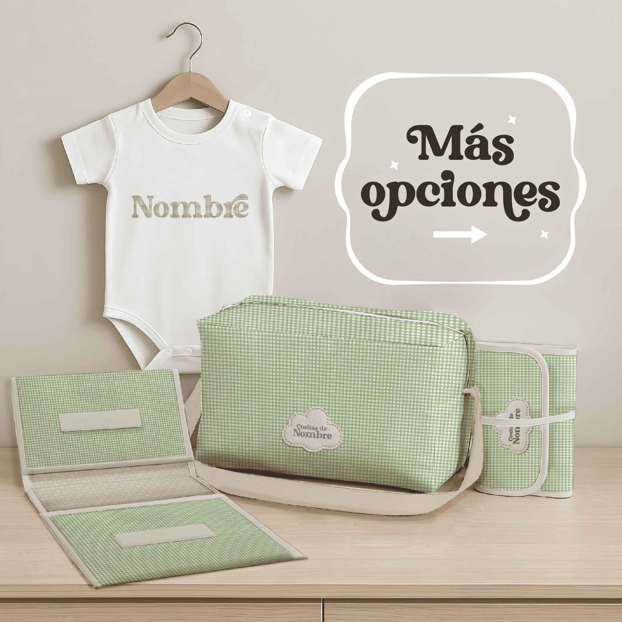 Pack Bebé Vichy Menta con bolso, portapañales y cambiador fabricados en España, más body personalizado con sello. Ideal como regalo para recién nacidos.