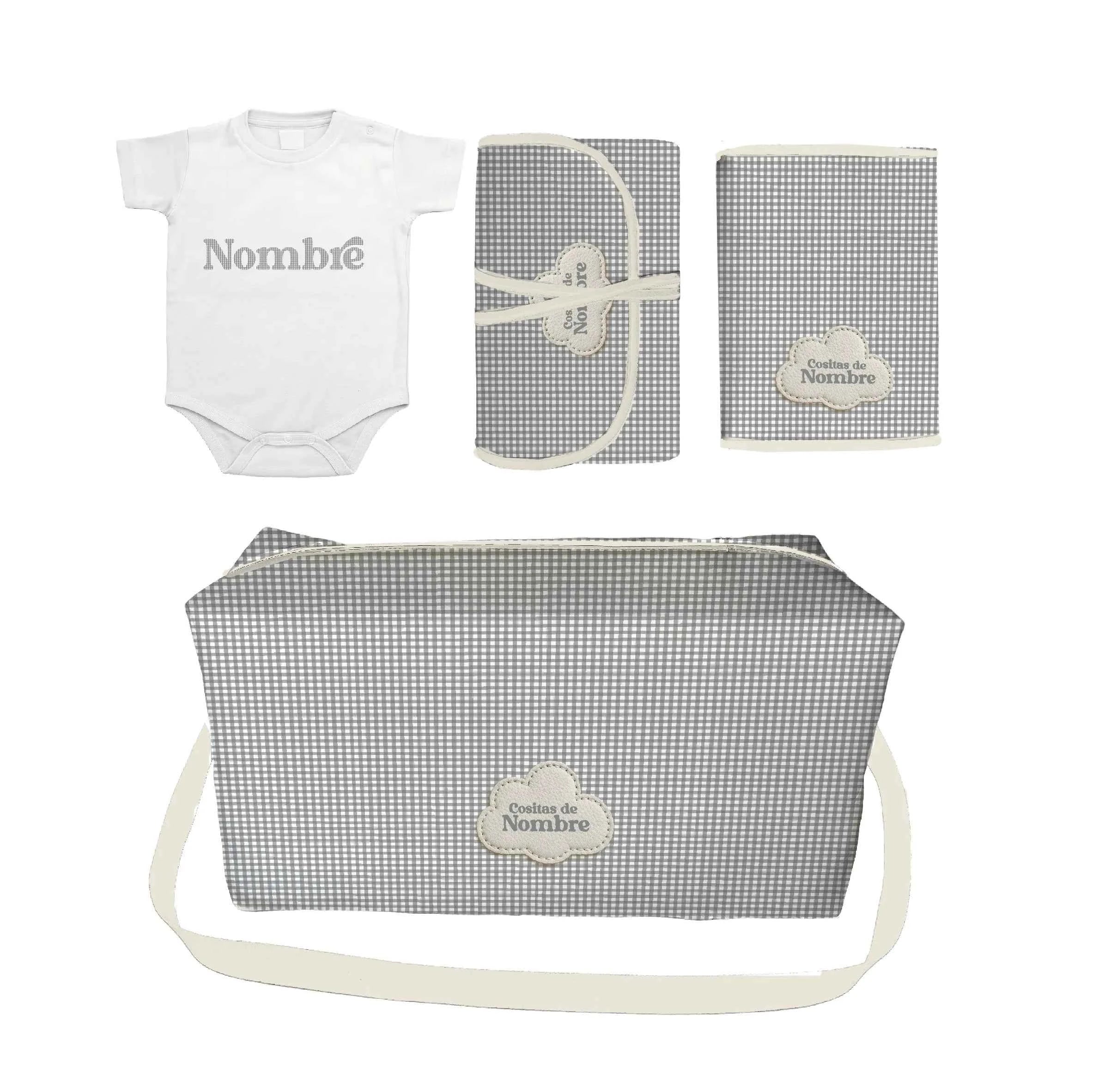 Pack Bebé Vichy Gris con sello “Cositas de" con el nombre de tu bebe. Incluye bolso, portapañales, cambiador y body personalizado. Ideal como regalo organizado y elegante.
