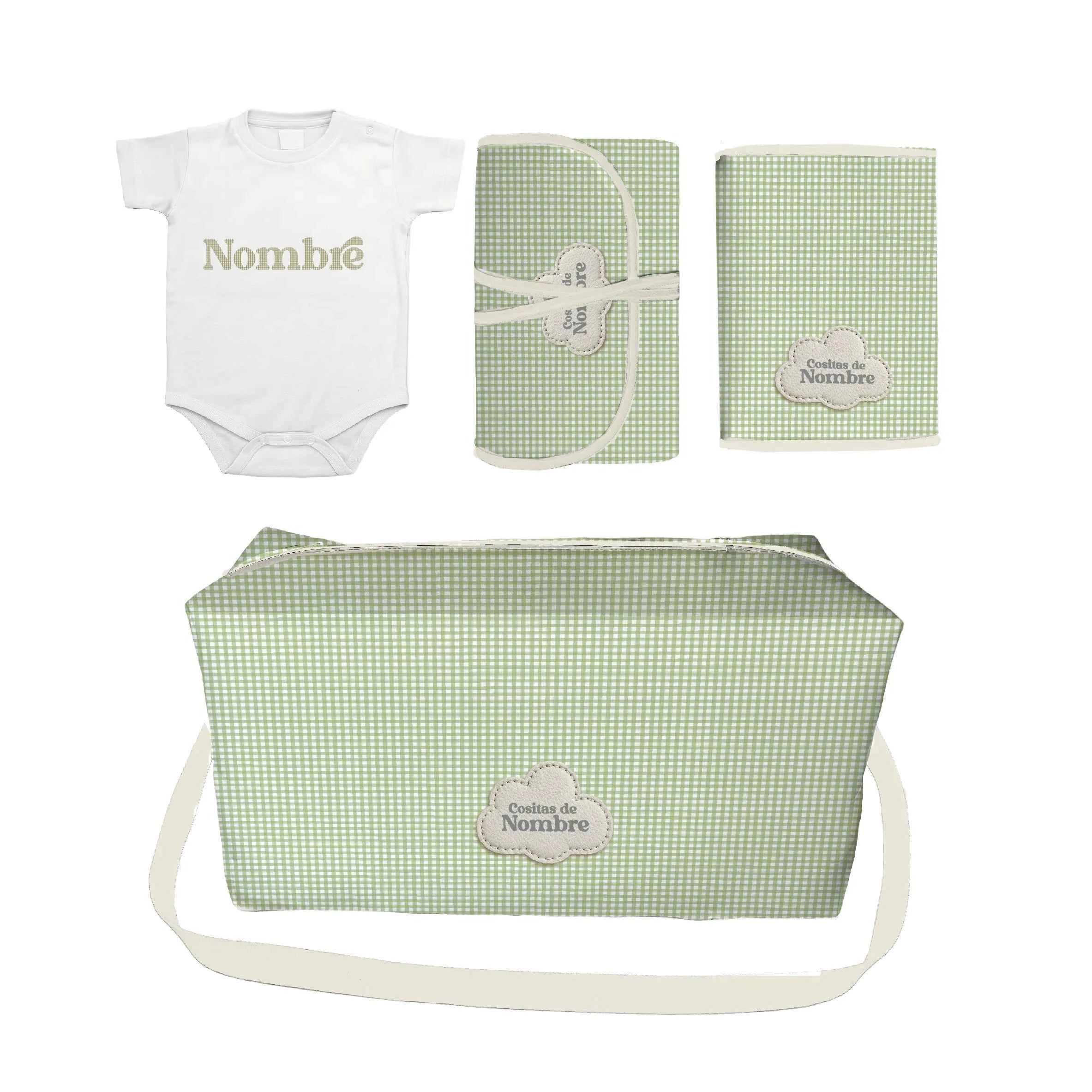Pack Bebé Vichy Menta con bolso, portapañales y cambiador fabricados en España, más body personalizado con sello. Ideal como regalo para recién nacidos.