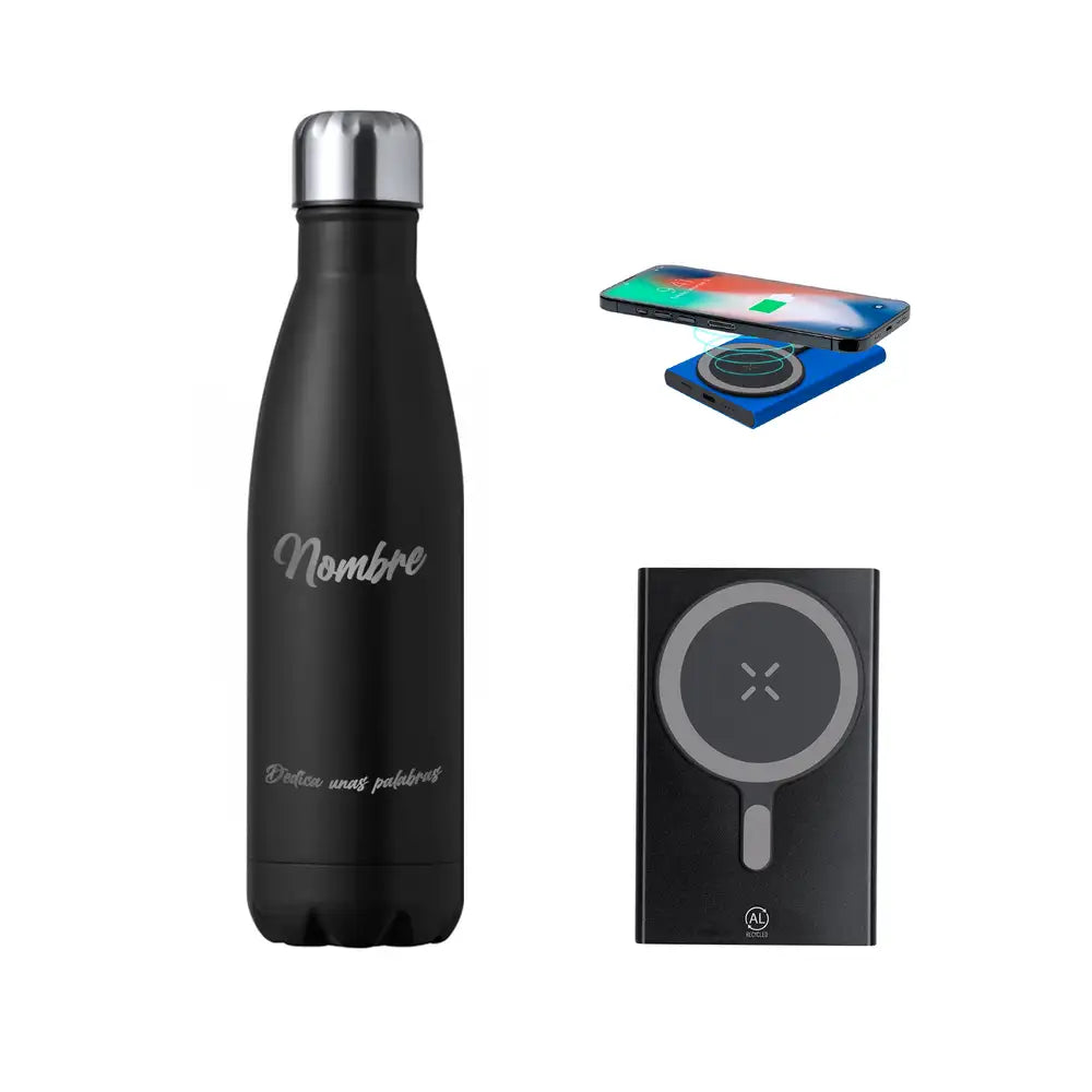 Pack Classic Power con bidón térmico 550ml y batería externa portátil 15v y entrada USB cpersonalizada con nombre y frase en color negro.