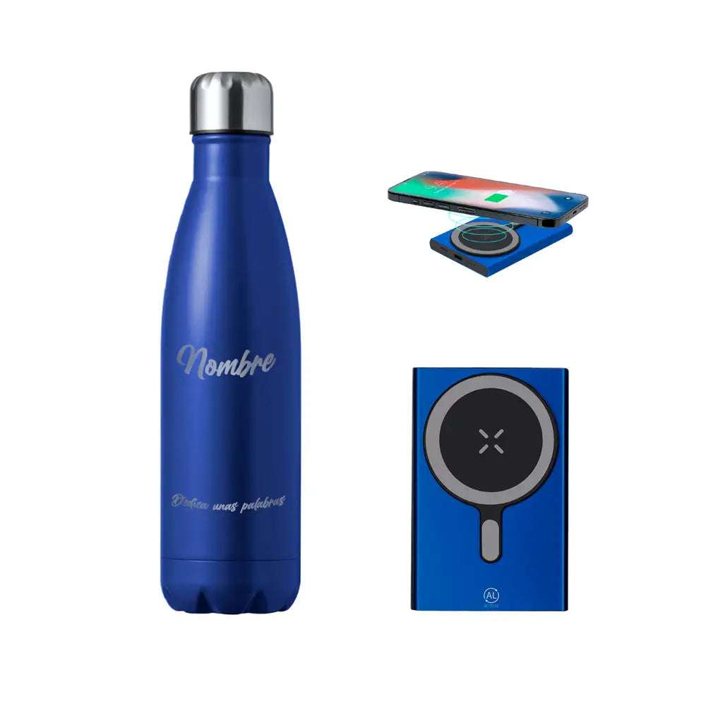Pack Classic Power con bidón térmico 550ml y batería externa portátil 15v y entrada USB cpersonalizada con nombre y frase en color azul royal. 
