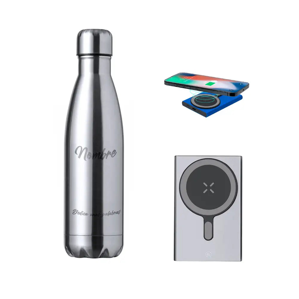 Pack Classic Power con bidón térmico 550ml y batería externa portátil 15v y entrada USB cpersonalizada con nombre y frase en color plateado