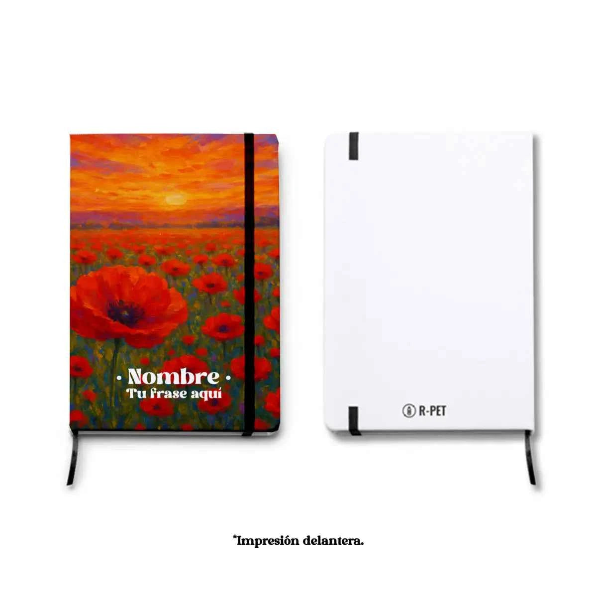 Libreta A5 de PET reciclado con estampado Amapolas a una cara. Tonos rojos, naranjas y violetas.