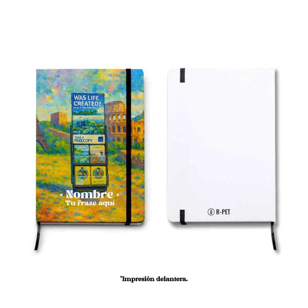 Libreta A5 de PET reciclado con estampado Carritos por el Mundo en una cara. Tonos coloridos estilo óleo.