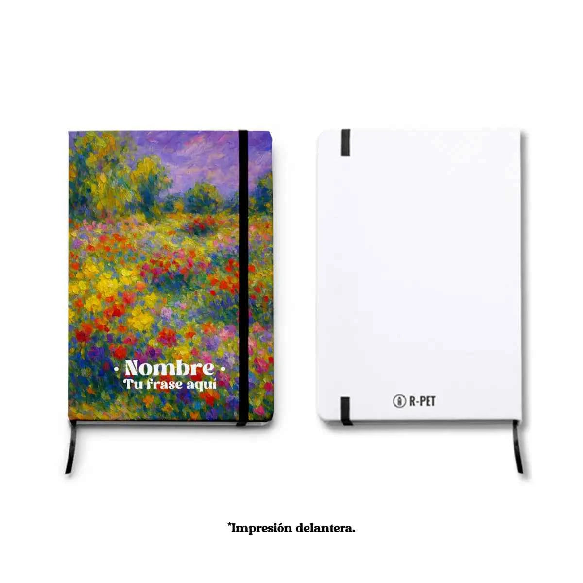 Libreta A5 de PET reciclado, estampada por una cara con diseño Floral Impresionista lleno de flores y colores vivos.