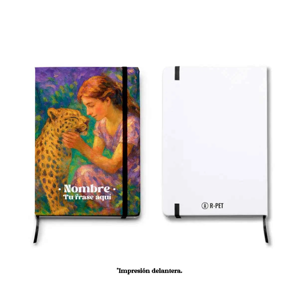 Libreta A5 diseño leopardo con ilustración artística de niña acariciando a un leopardo, personalizable con nombre