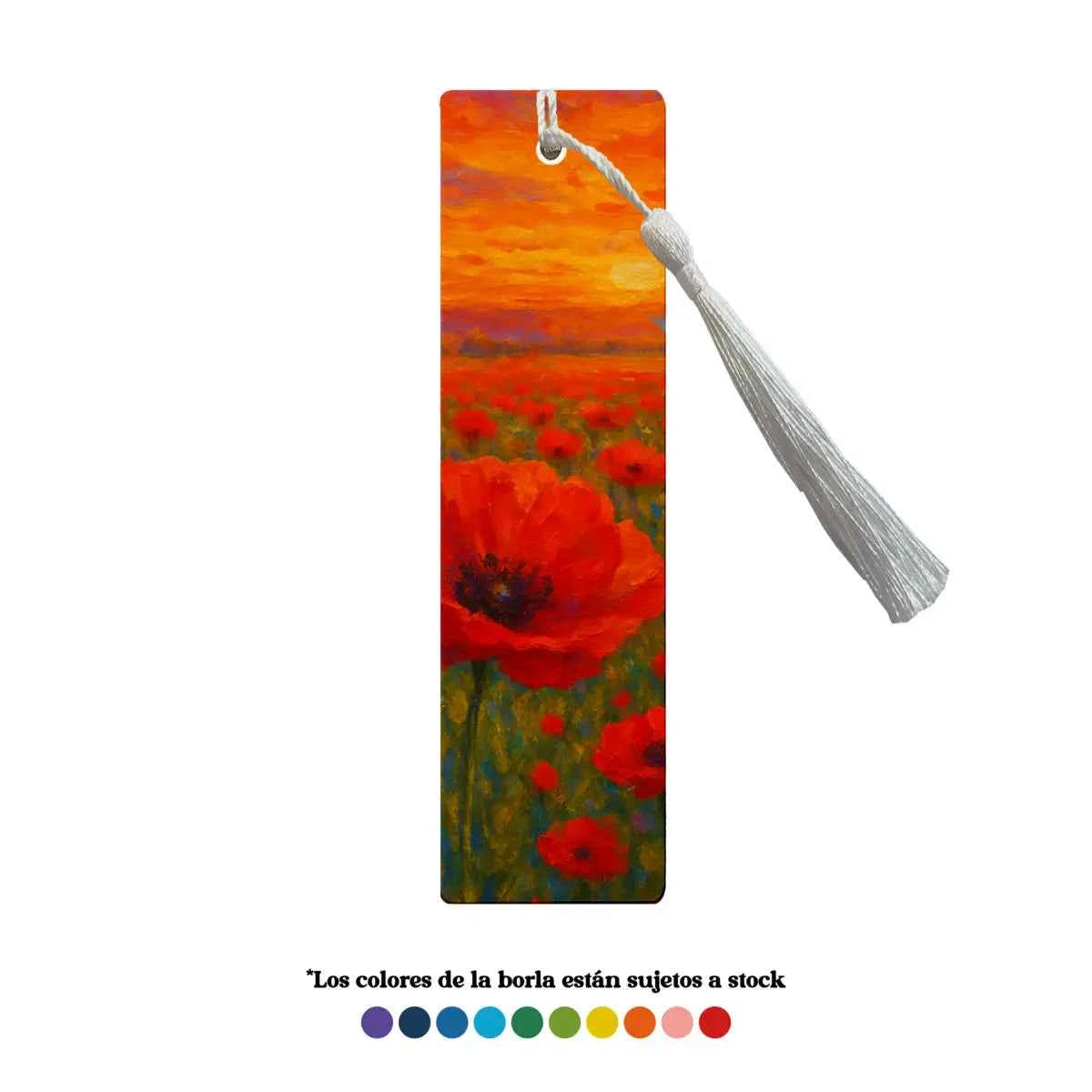 Marcapáginas metálico con diseño Amapolas en colores cálidos y pinceladas artísticas.