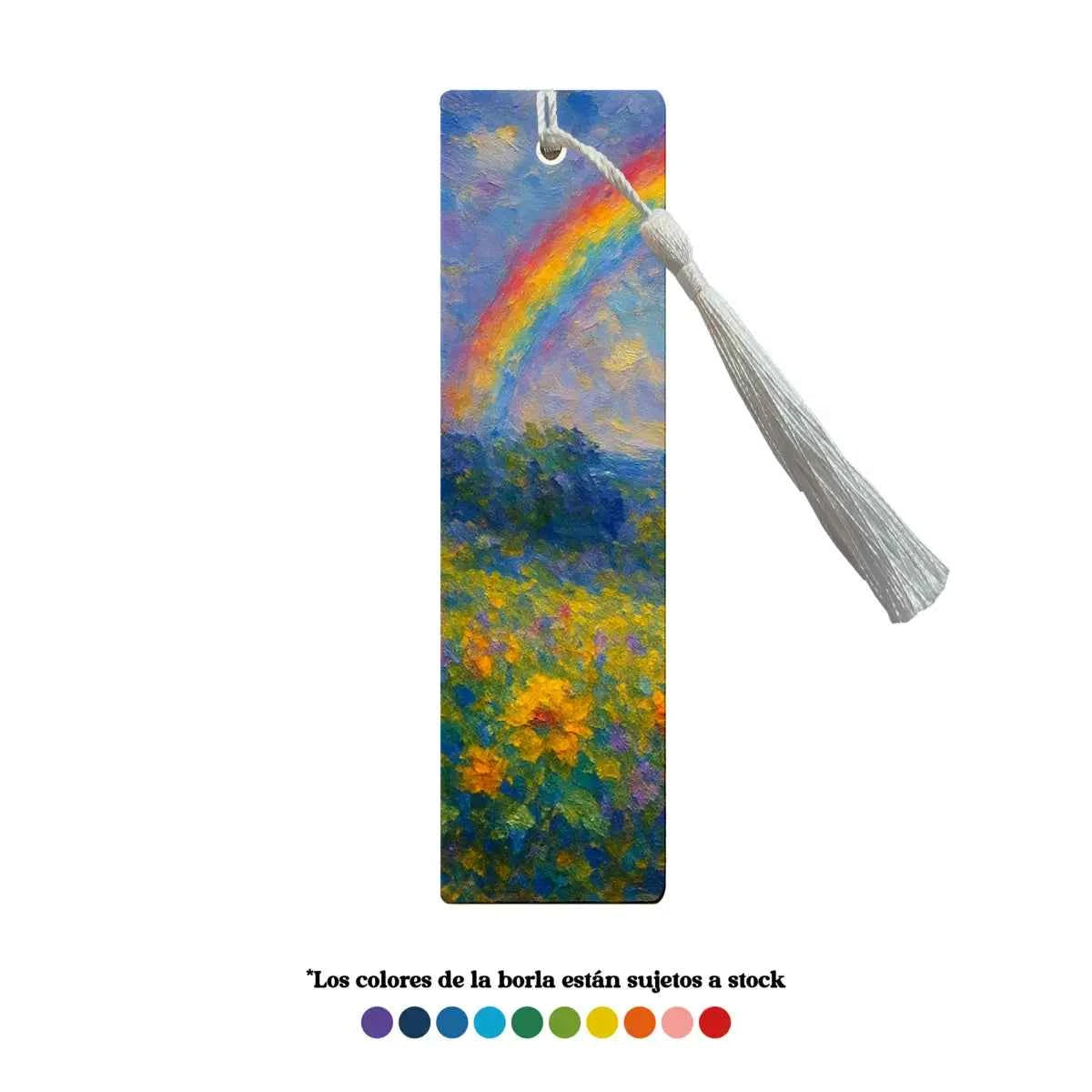 Marcapáginas metálico con diseño Arcoíris y pinceladas vibrantes en tonos alegres.