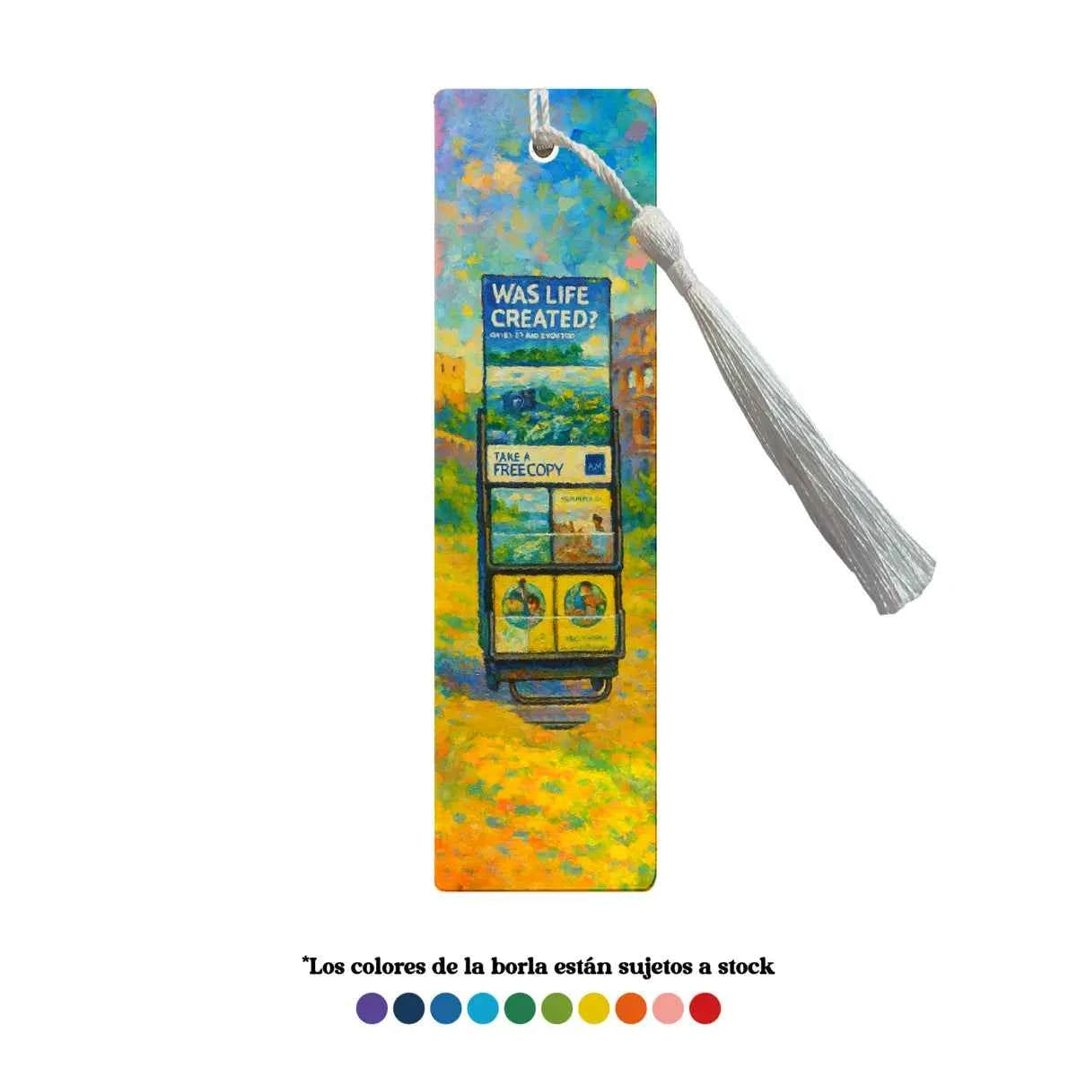 Marcapáginas metálico con diseño Carritos por el Mundo y acabado artístico en tonos vibrantes.