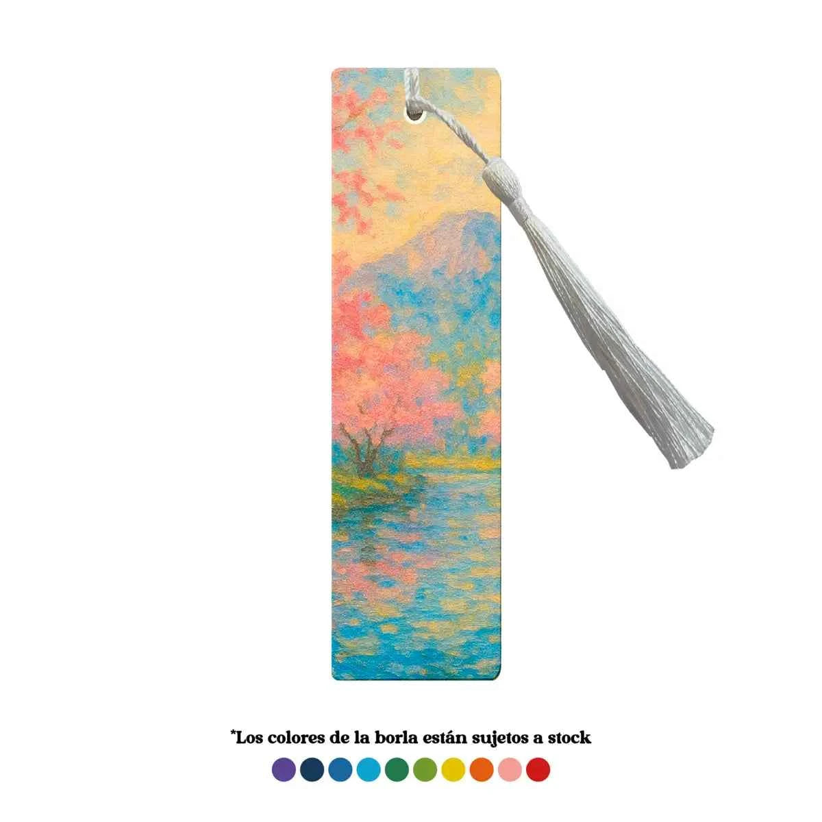 Marcapáginas metálico con diseño Cerezos en tonos pastel y pinceladas artísticas.