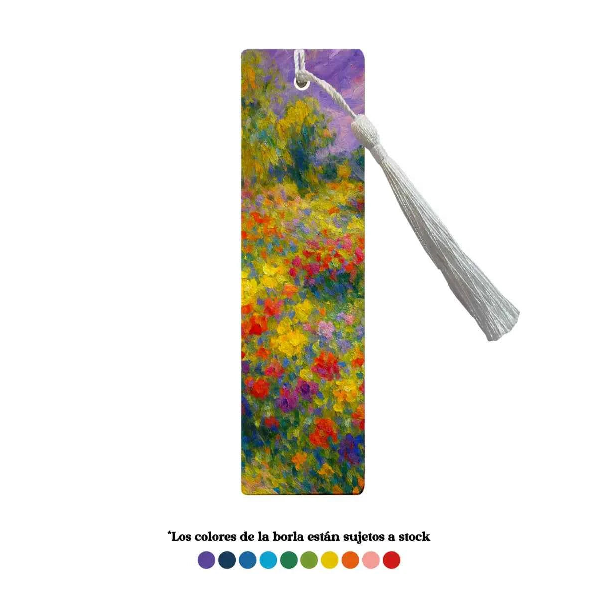 Marcapáginas metálico con diseño Floral Impresionista, tonos vibrantes y pinceladas artísticas.