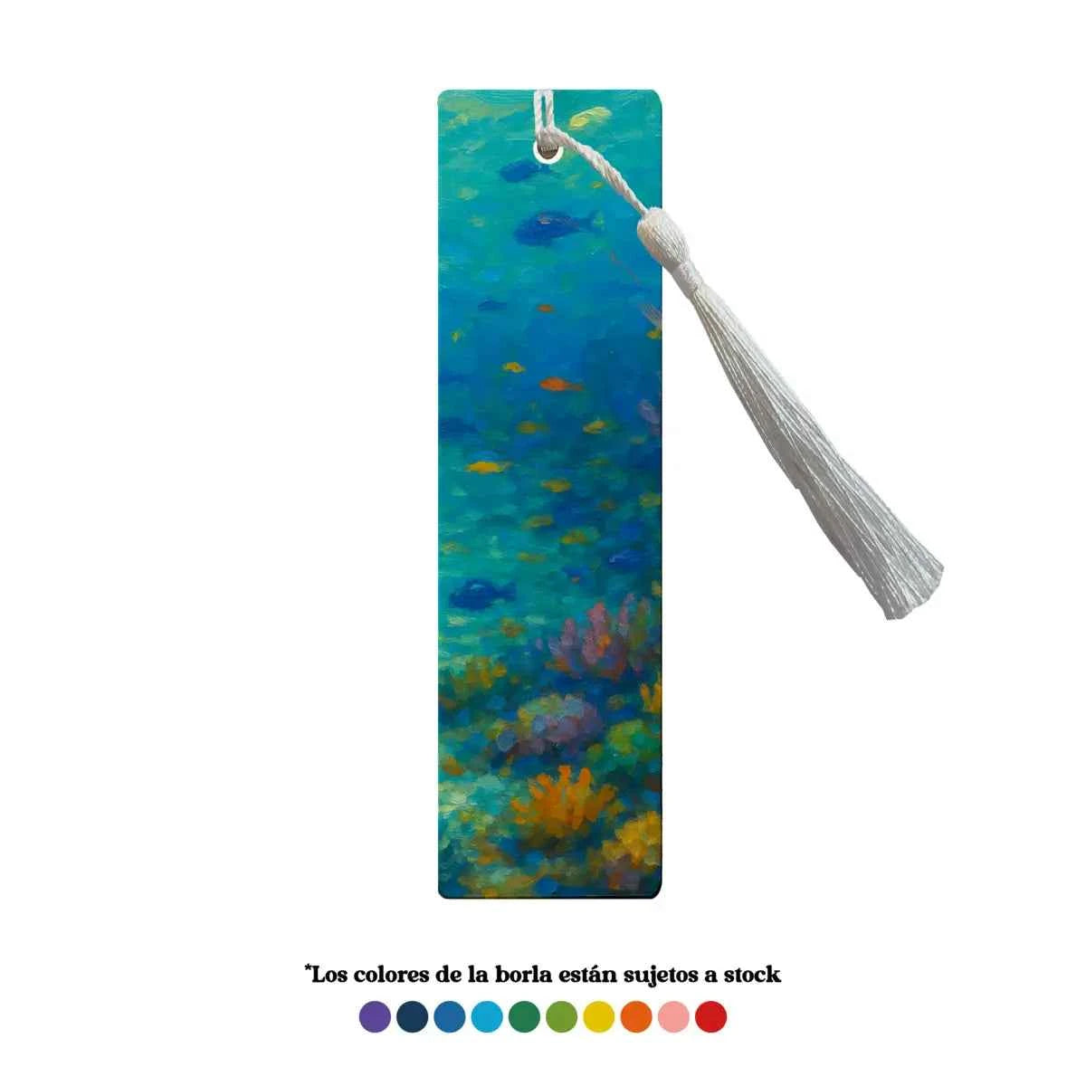 Marcapáginas metálico con borla blanca y diseño Paisaje Fondo Marino en tonos azules y turquesas.