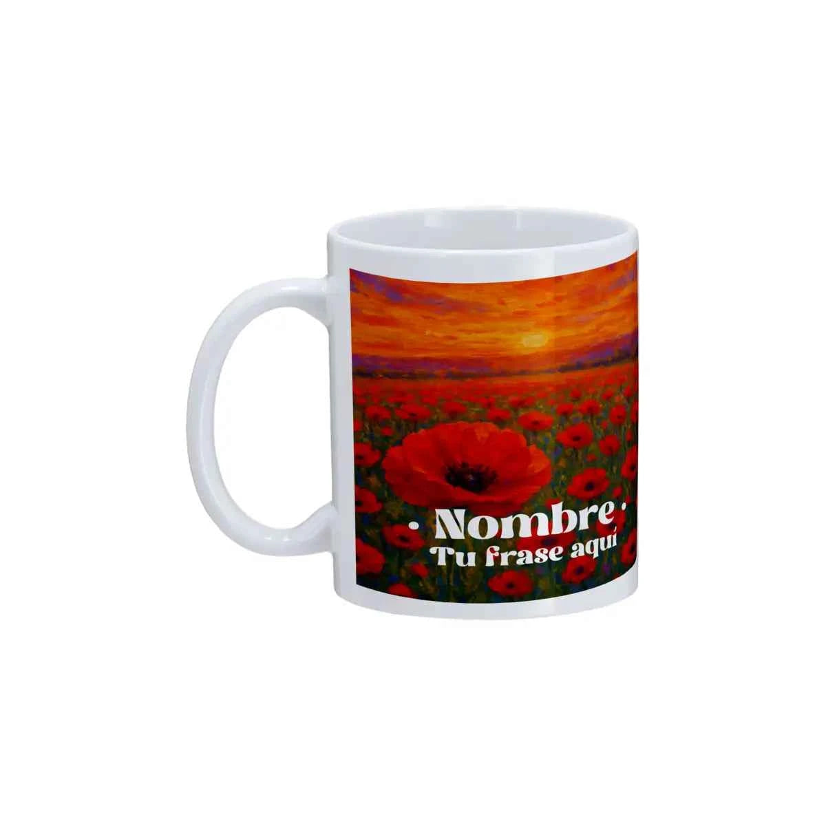 Taza personalizada con estampado Amapolas en rojos intensos y tonos cálidos de atardecer.