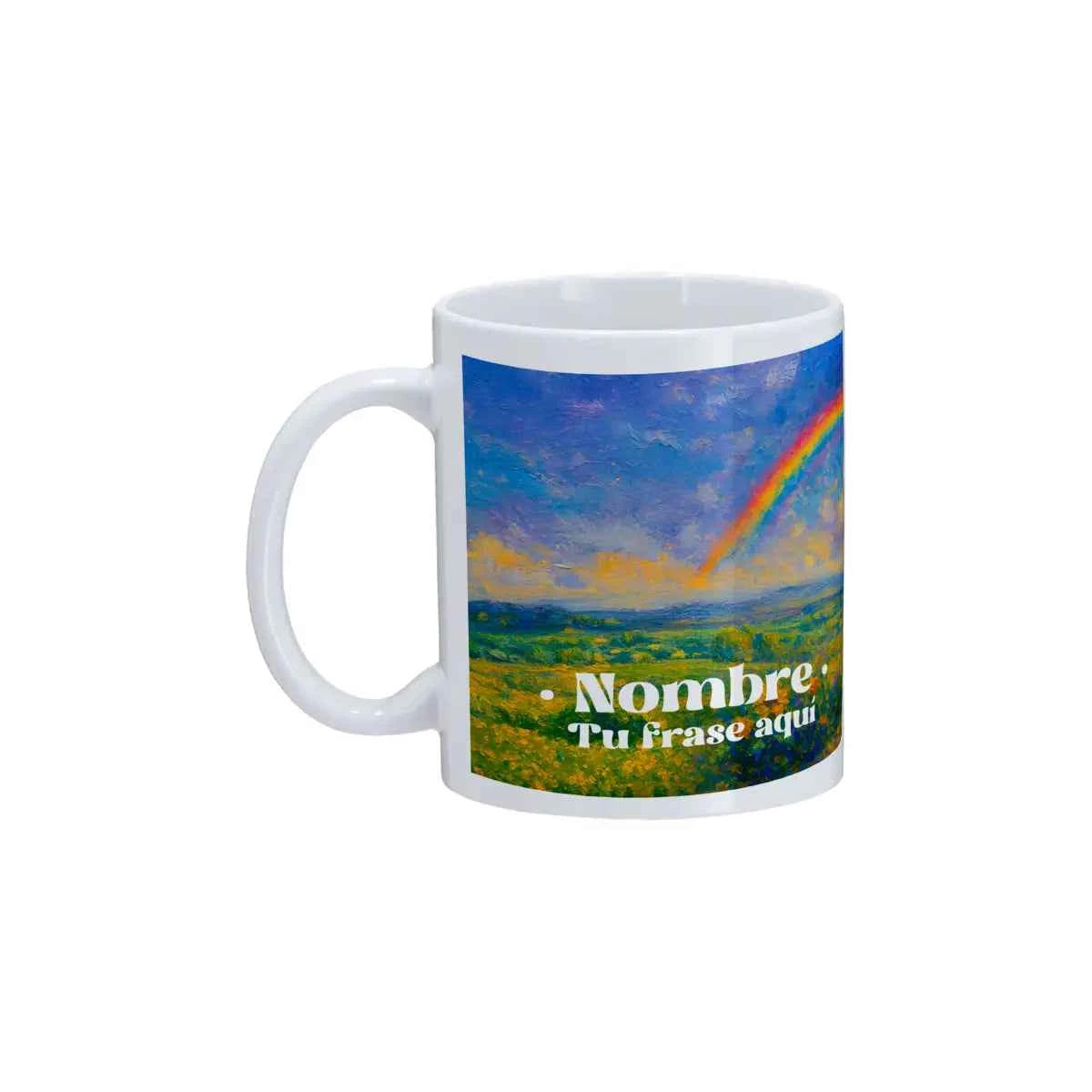 Taza personalizada con estampado Arcoíris, tonos vivos, pinceladas artísticas y paisaje luminoso.