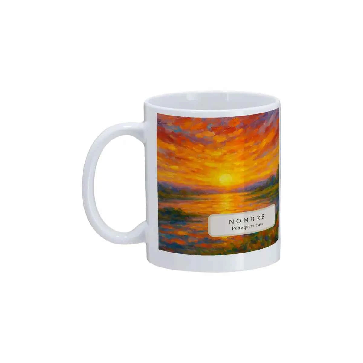 Taza personalizada con estampado Atardecer, tonos naranjas, rojizos y dorados inspirados en un cielo cálido.