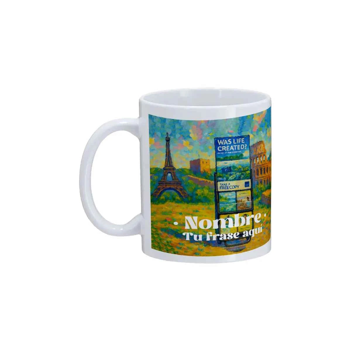 Taza personalizada con estampado Carritos por el Mundo, diseño artístico tipo óleo en tonos vivos y temática cultural.