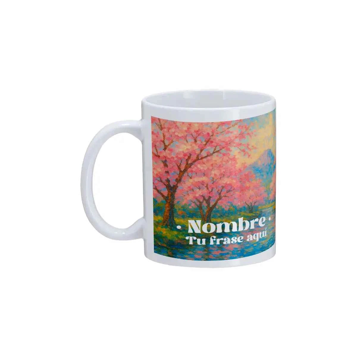 Taza personalizada con estampado Cerezos en tonos pastel rosados y detalles azules.