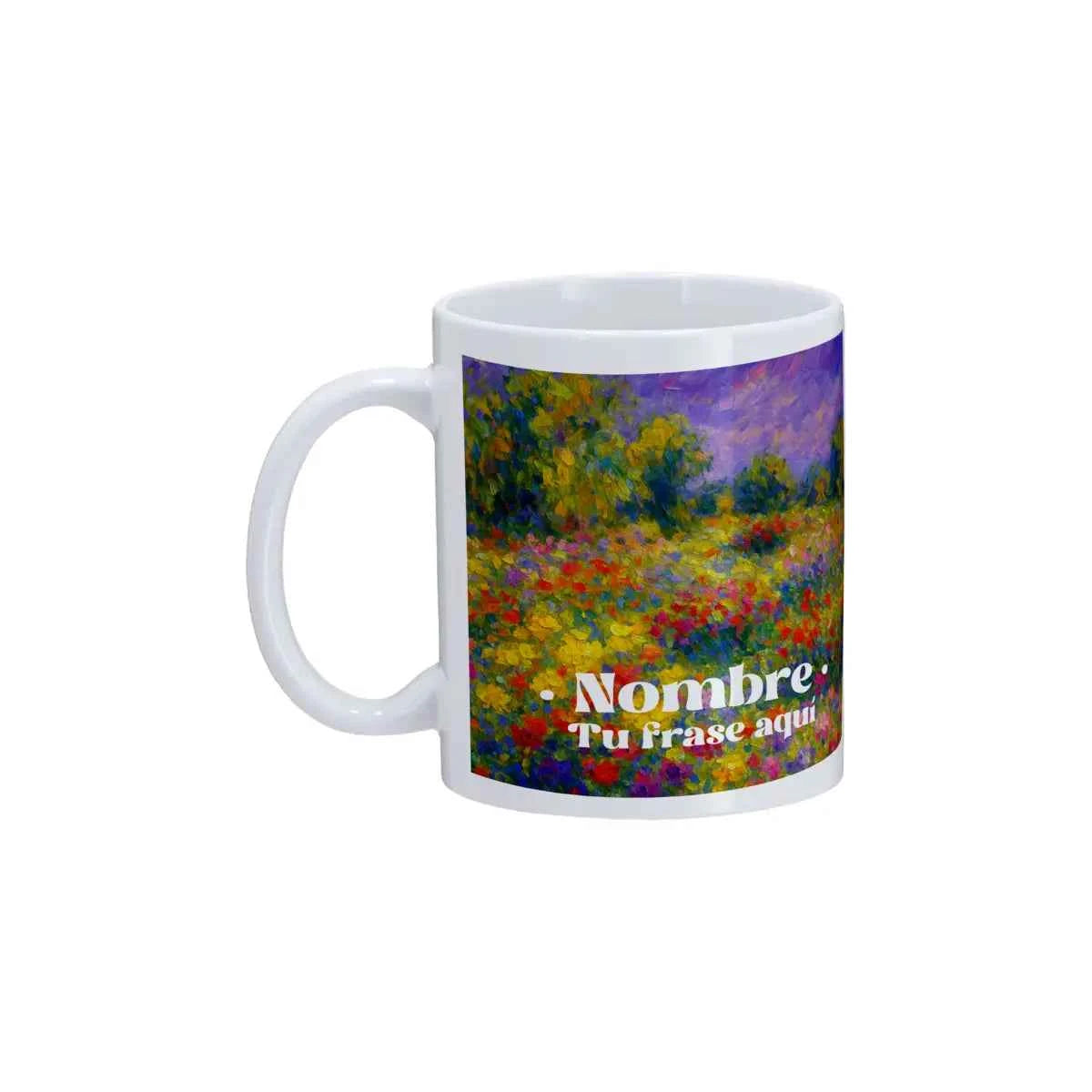 Taza personalizada con estampado Floral Impresionista, mezcla de flores rojas, lilas, amarillas y verdes.