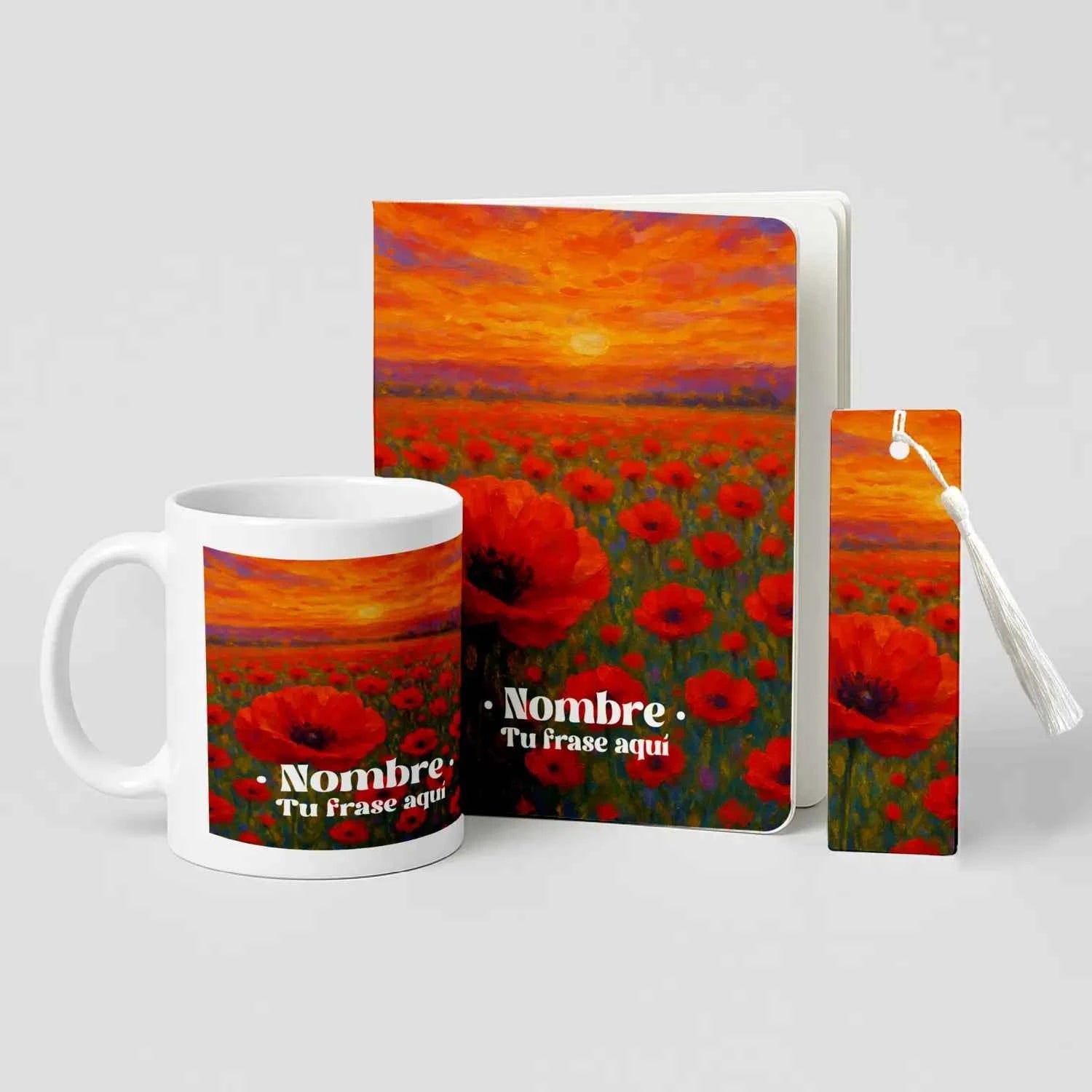 Pack Estudio & Café con taza personalizada, libreta A5 ecológica y marcapáginas metálico. Estampado Amapolas en tonos rojos y naranjas de paisaje al atardecer.