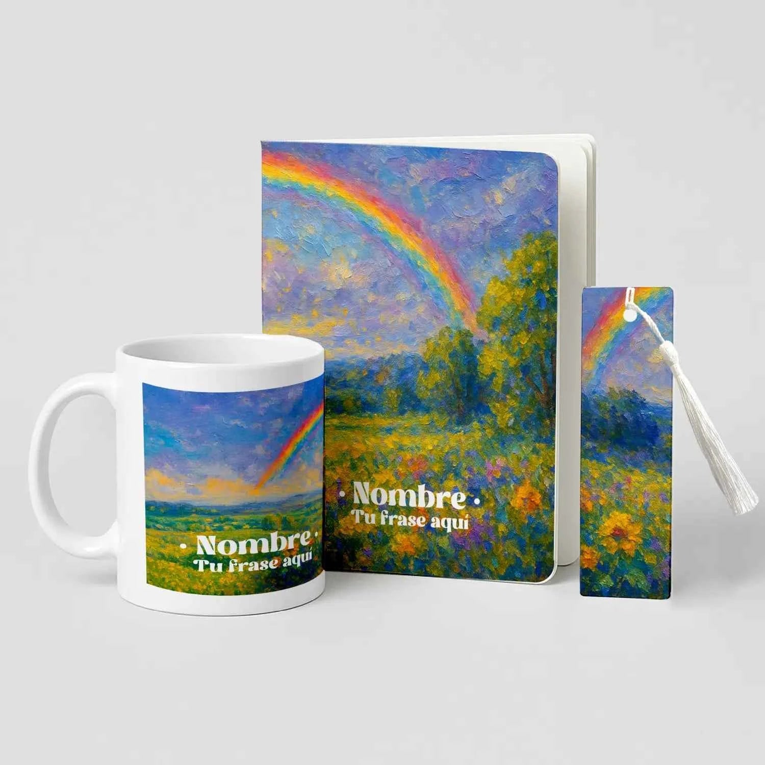 Pack Estudio & Café con taza personalizada, libreta A5 de PET reciclado y marcapáginas metálico. Estampado Arcoíris con colores vibrantes y acabado artístico.