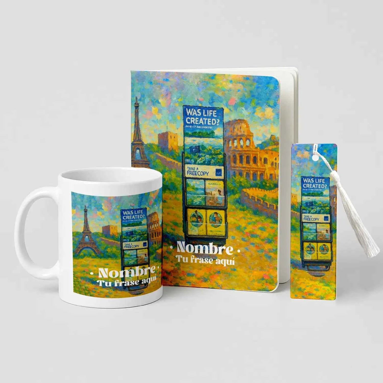 Pack Estudio & Café con taza personalizada, libreta A5 de PET reciclado y marcapáginas metálico. Estampado Carritos por el Mundo con diseño artístico y tonos vibrantes.