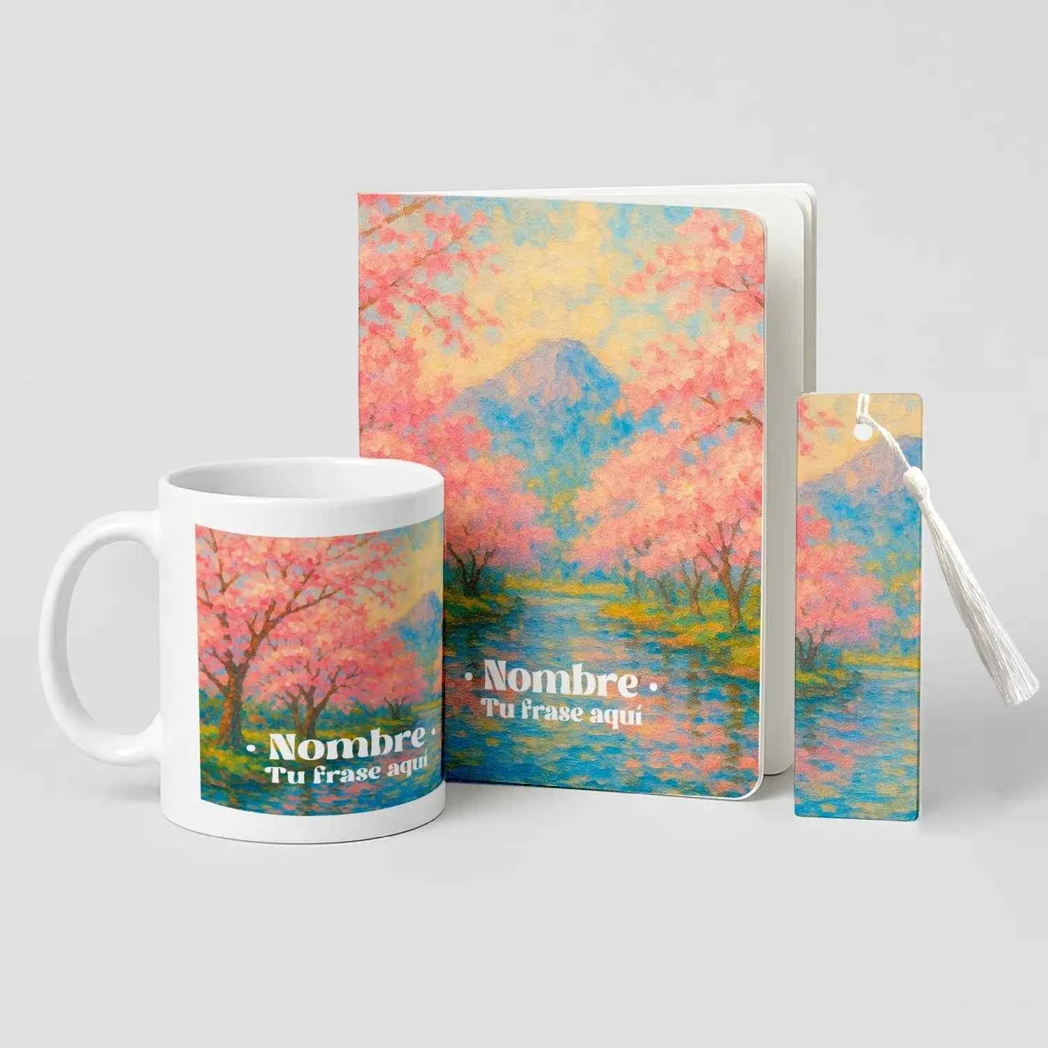 Pack de estudio personalizado con taza, libreta y marcapáginas diseño flor del cerezo en tonos rosados y pastel.