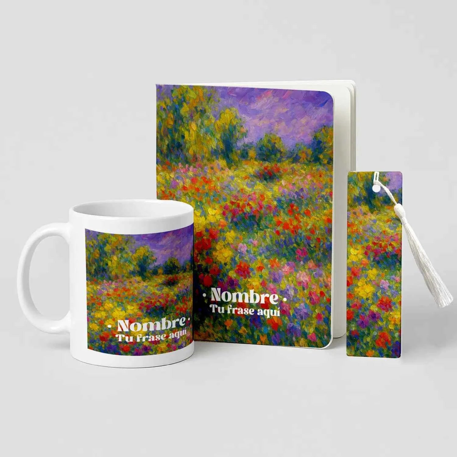 Pack Estudio & Café con taza personalizada, libreta A5 de PET reciclado y marcapáginas metálico. Estampado Floral Impresionista con colores vibrantes y flores estilo Monet.