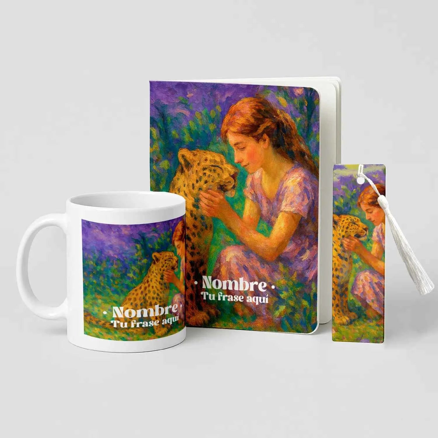 Pack estudio y café diseño leopardo con ilustración de niña acariciando a un leopardo, incluye taza, libreta y marcapáginas personalizados